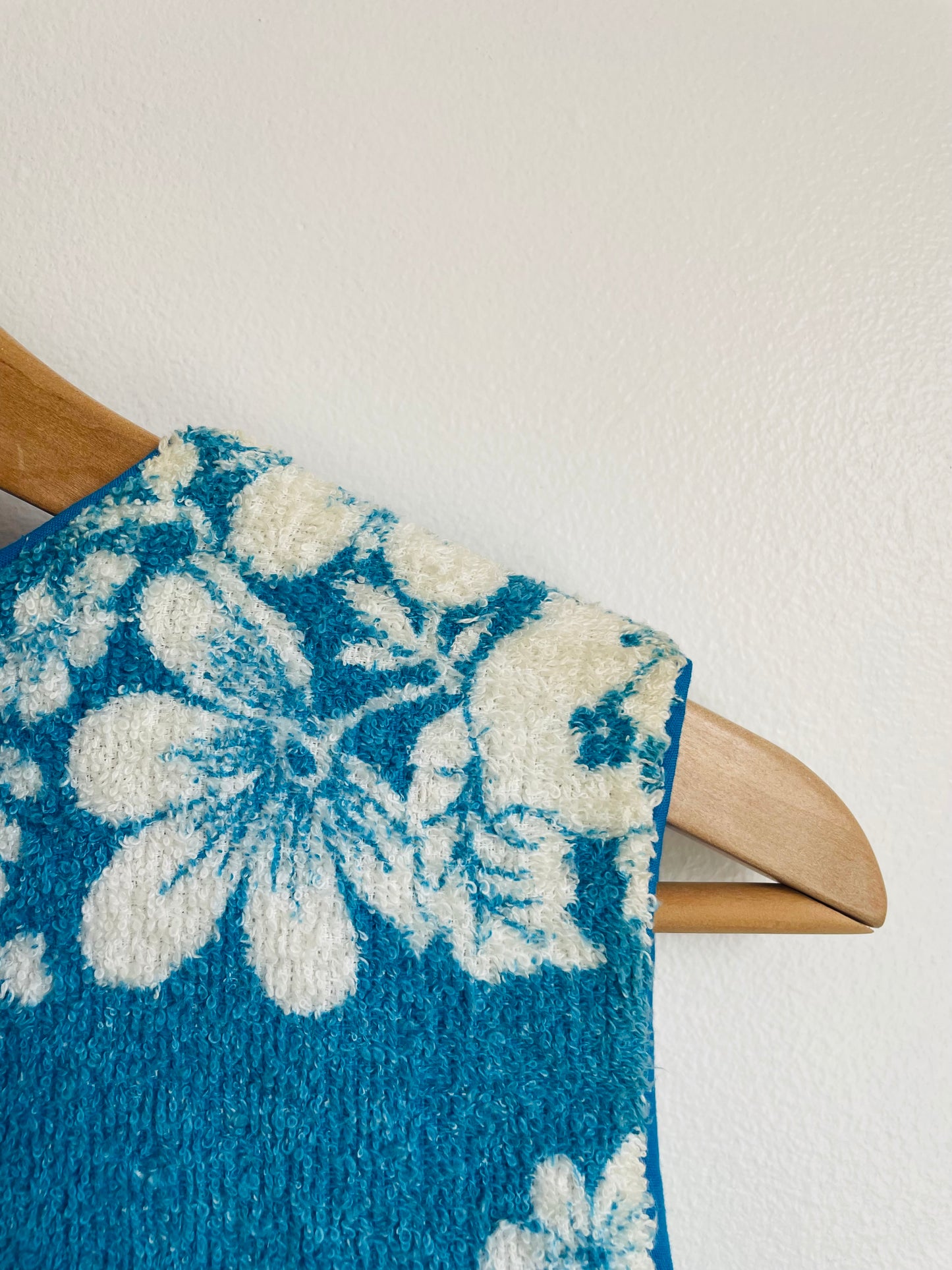 Zippered Terry Cloth Towel Dress or Beach Cover-Up with Pockets & Blue & White Tropical Hibiscus Flower Design