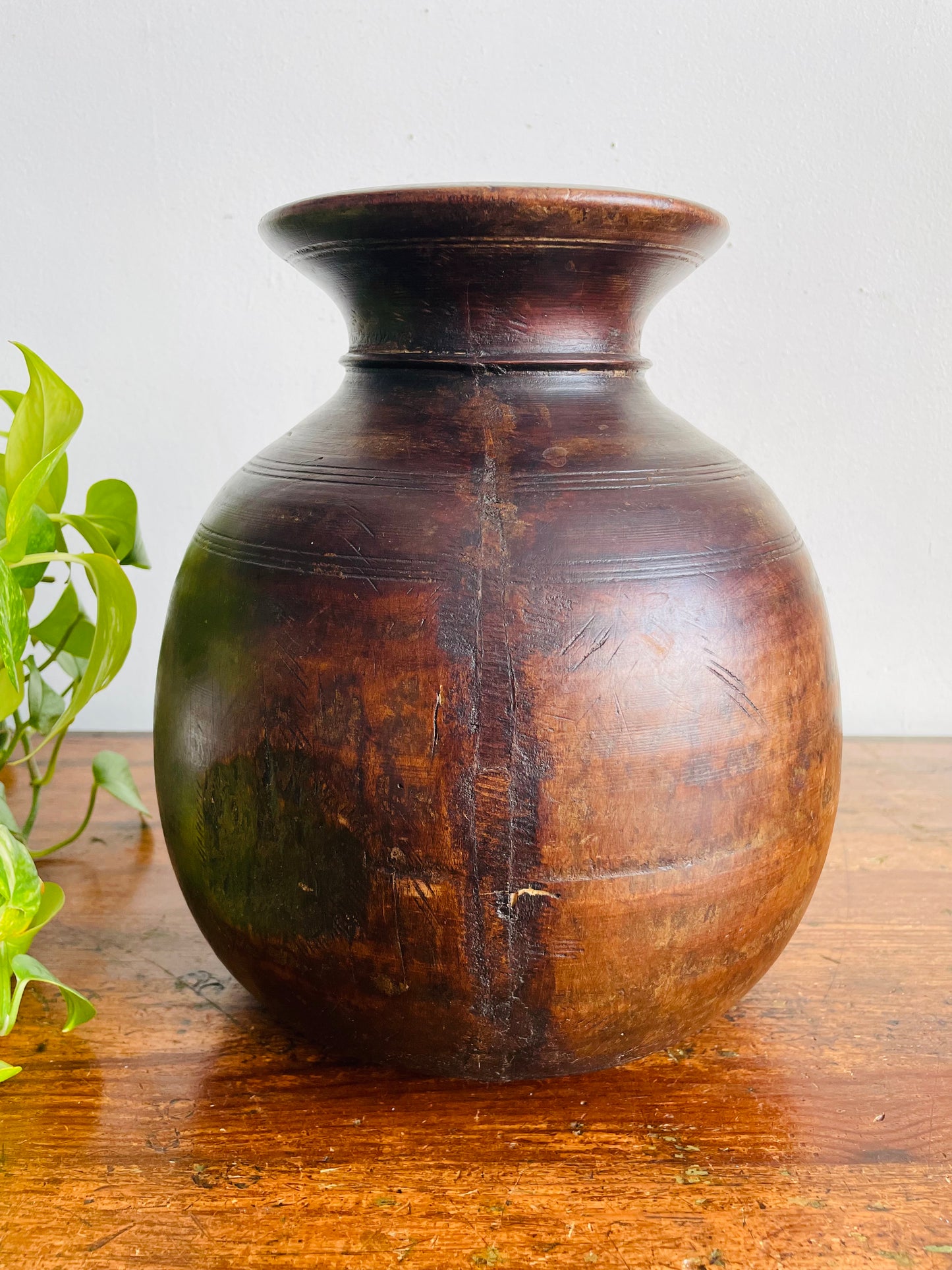 Vintage / Possibly Antique Wood Himachal Pot Vase - Handcrafted & Carved from a Single Piece of Wood - Tribal Northern India - Himachal Pradesh Region - Originally Used to Store Water