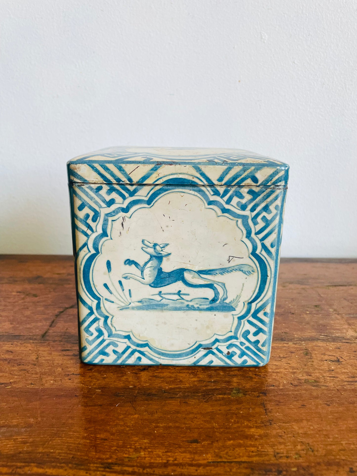 Vintage 1920s Blue & White Delft Tin with Dutch Fox, Rabbit, Dog & Man Design