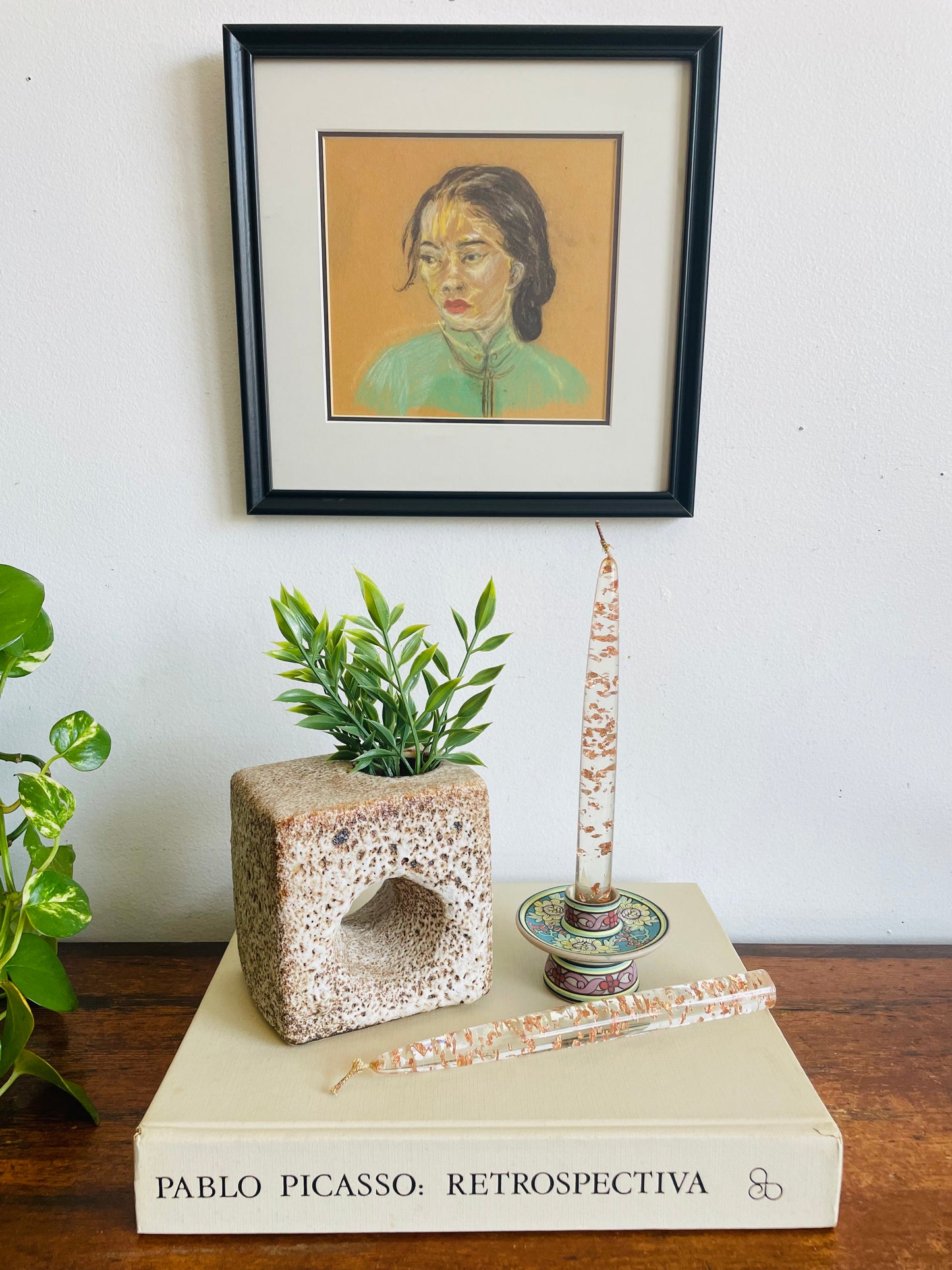 Vintage Original Art Pastel Chalk Portrait Picture of Woman in Turquoise Cheongsam Dress - Purchased from Son of the Artist in Haliburton, ON