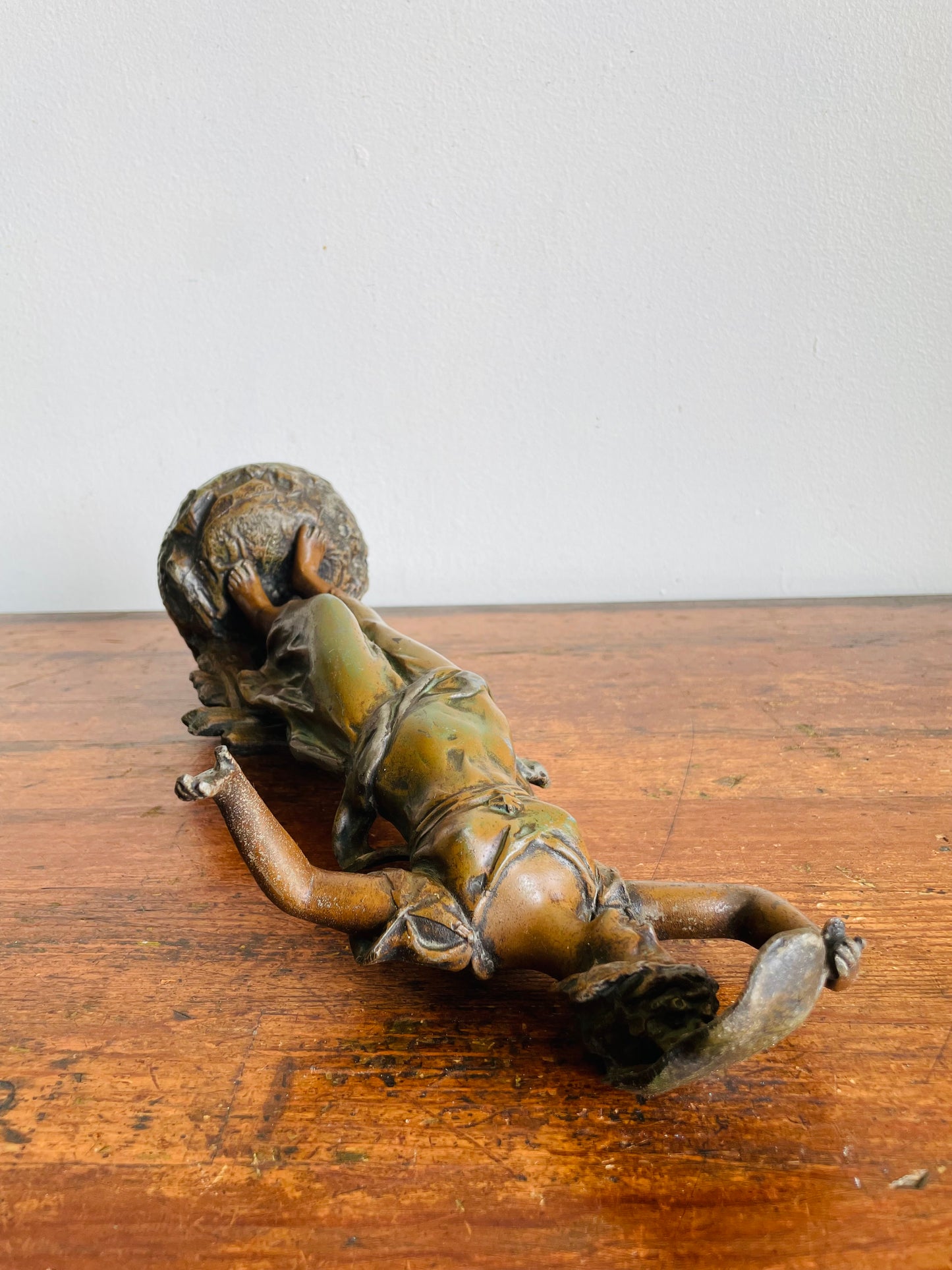 Vintage Art Nouveau Spelter Zinc Sculpture Statue with Bronze Patina - Playful Woman in Dress Frolicking with Leaf - Auguste Moreau Style - Please Read Note