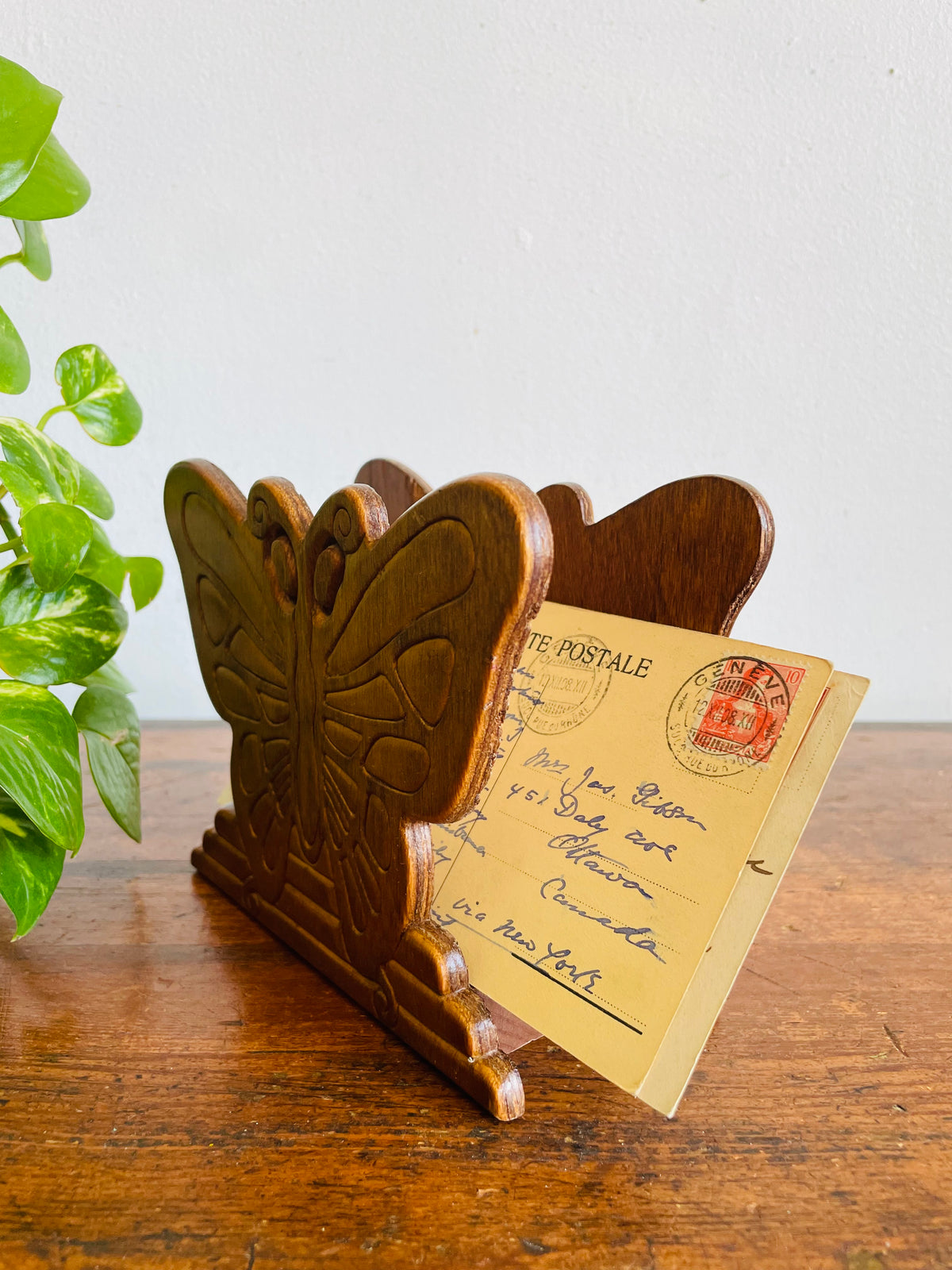 Vintage Carved Wood Butterfly Napkin Holder or Letter / Mail Organizer