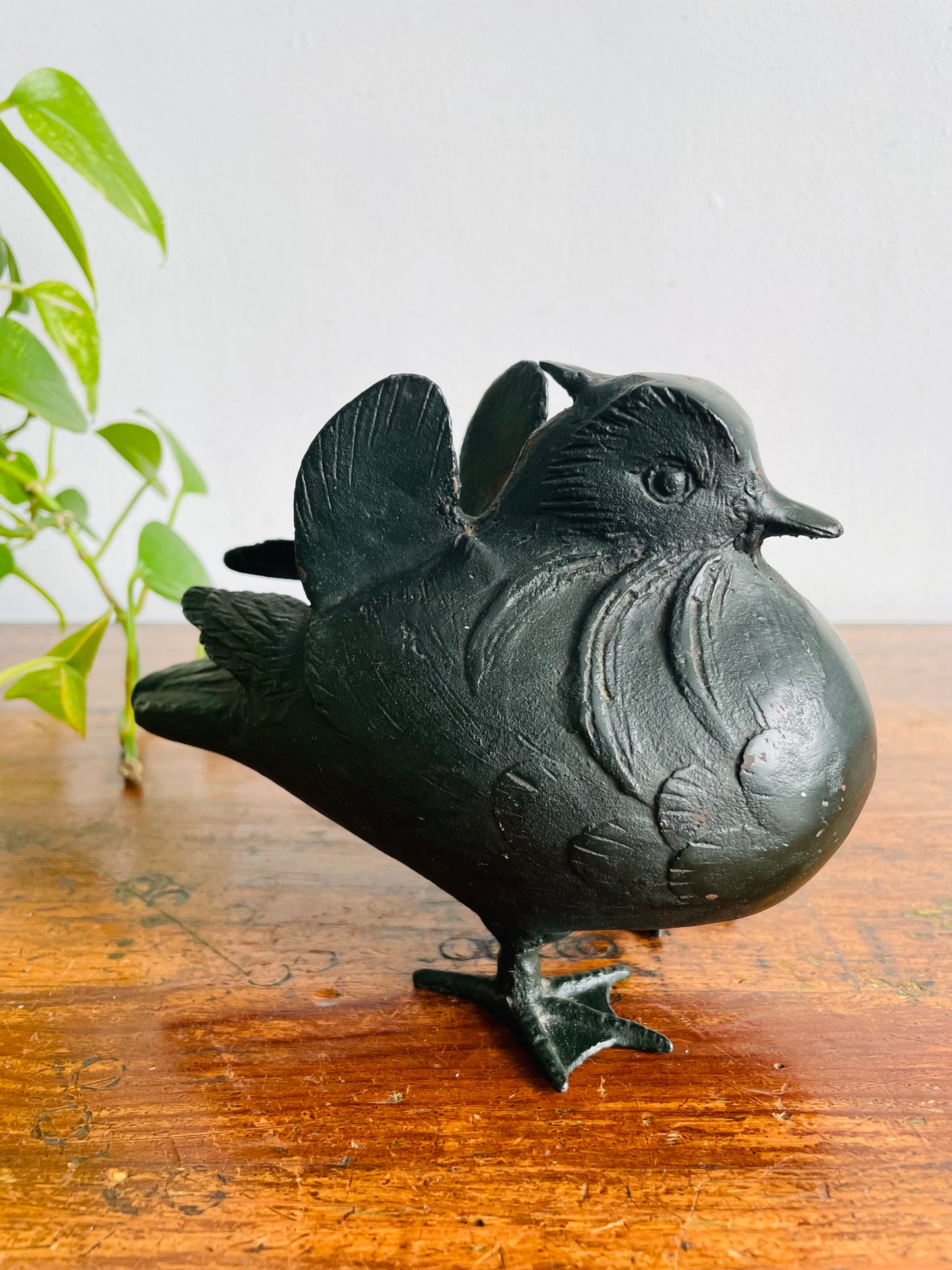 Vintage Solid & Heavy Black Cast Iron Metal Bird Statue - Made in Japan