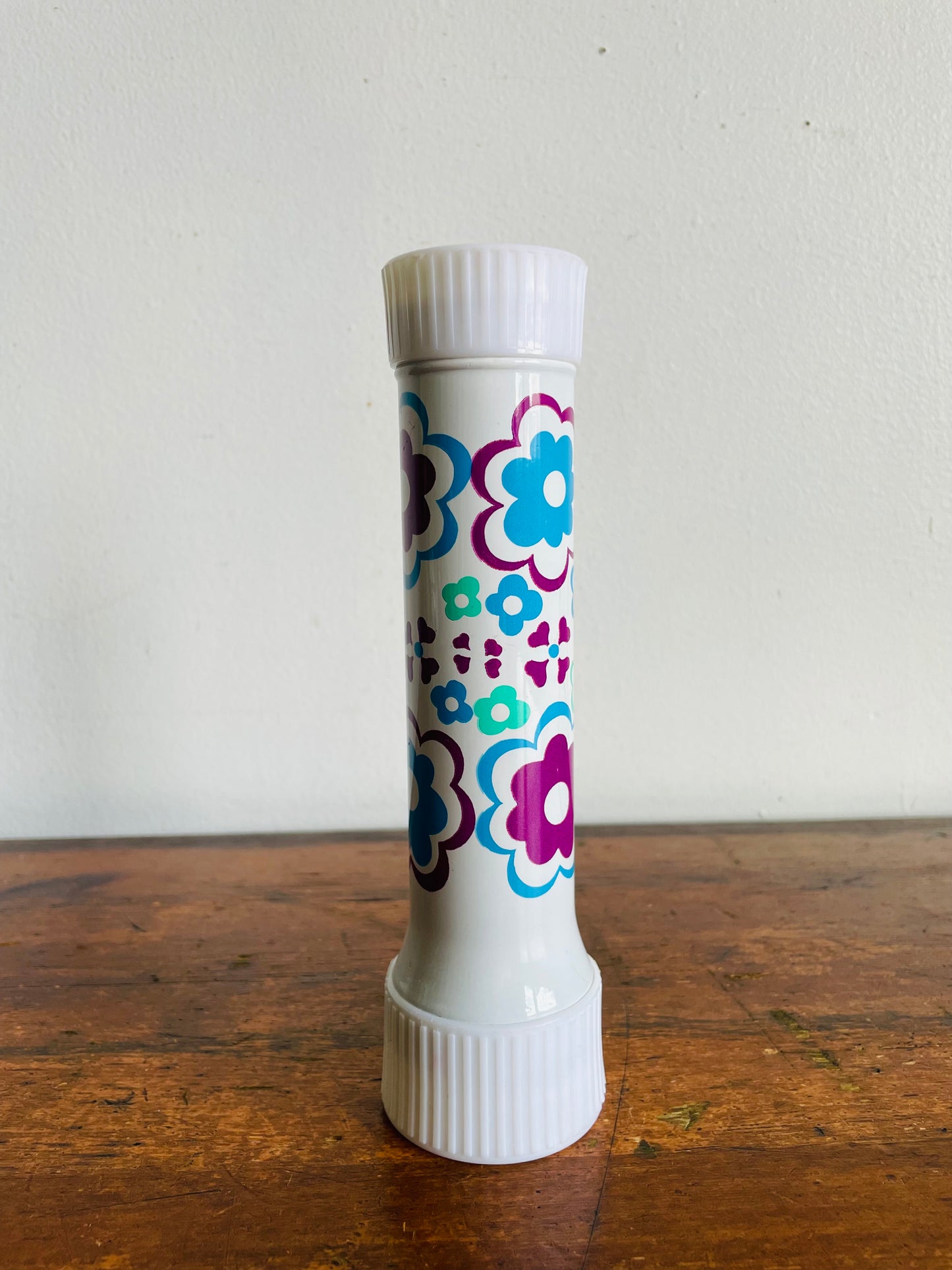 Vintage Rose Brand White Metal Flashlight with Purple, Blue & Green Flower Power Design - Made in Hong Kong - Tested / Works!