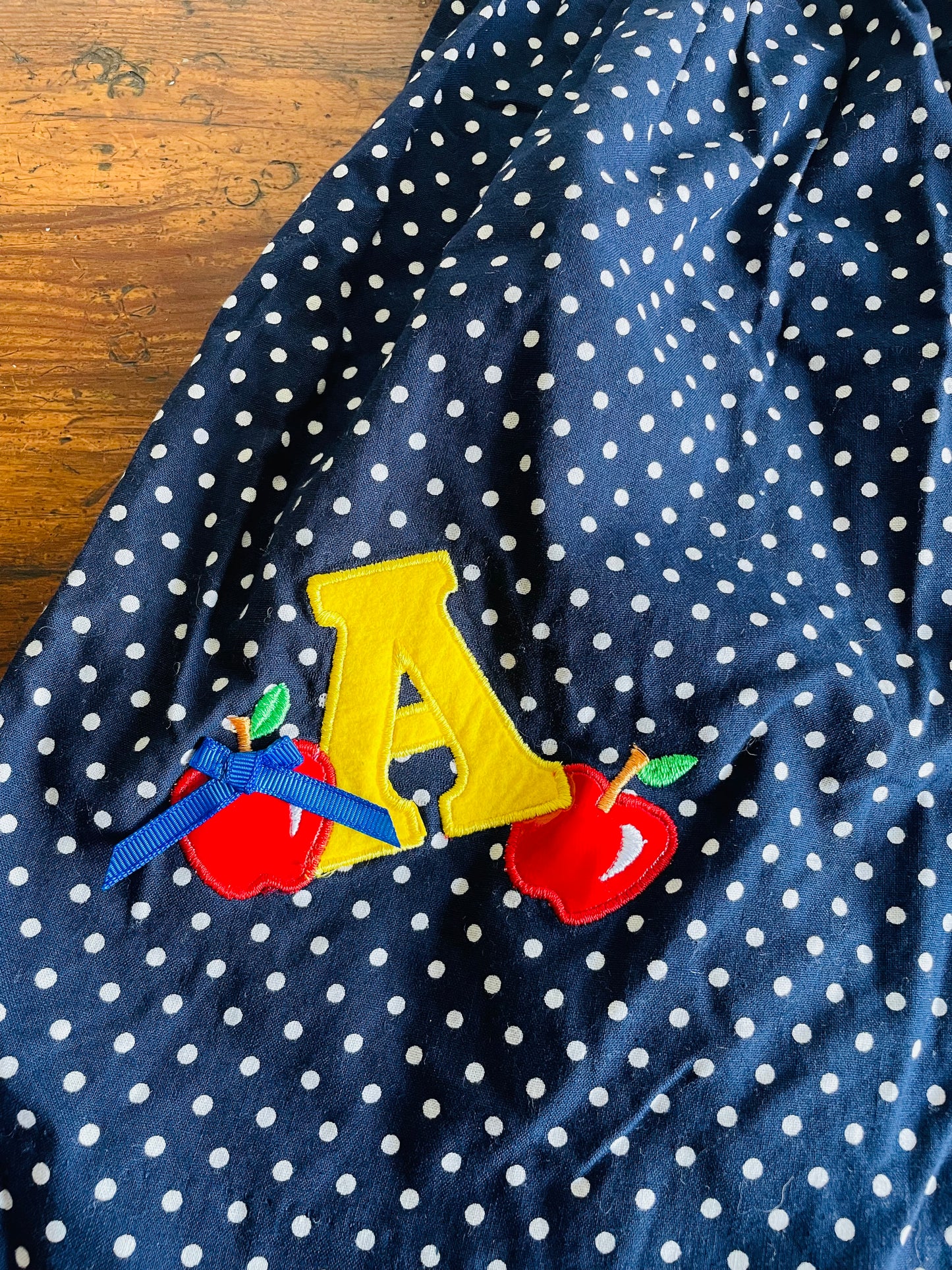 Rare Edition Brand 100% Cotton Navy Polka Dot Dress with ABC School Patches - Size 24 Months