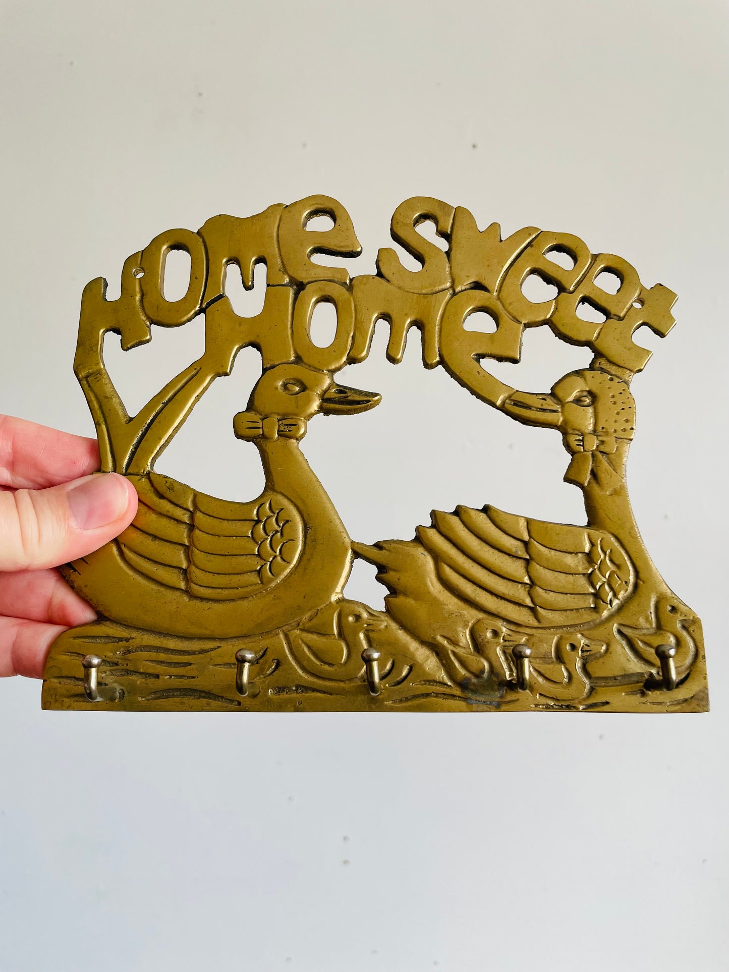 Vintage Solid Brass Home Sweet Home Key Holder Hanger Rack with Duck Family & 5 Hooks