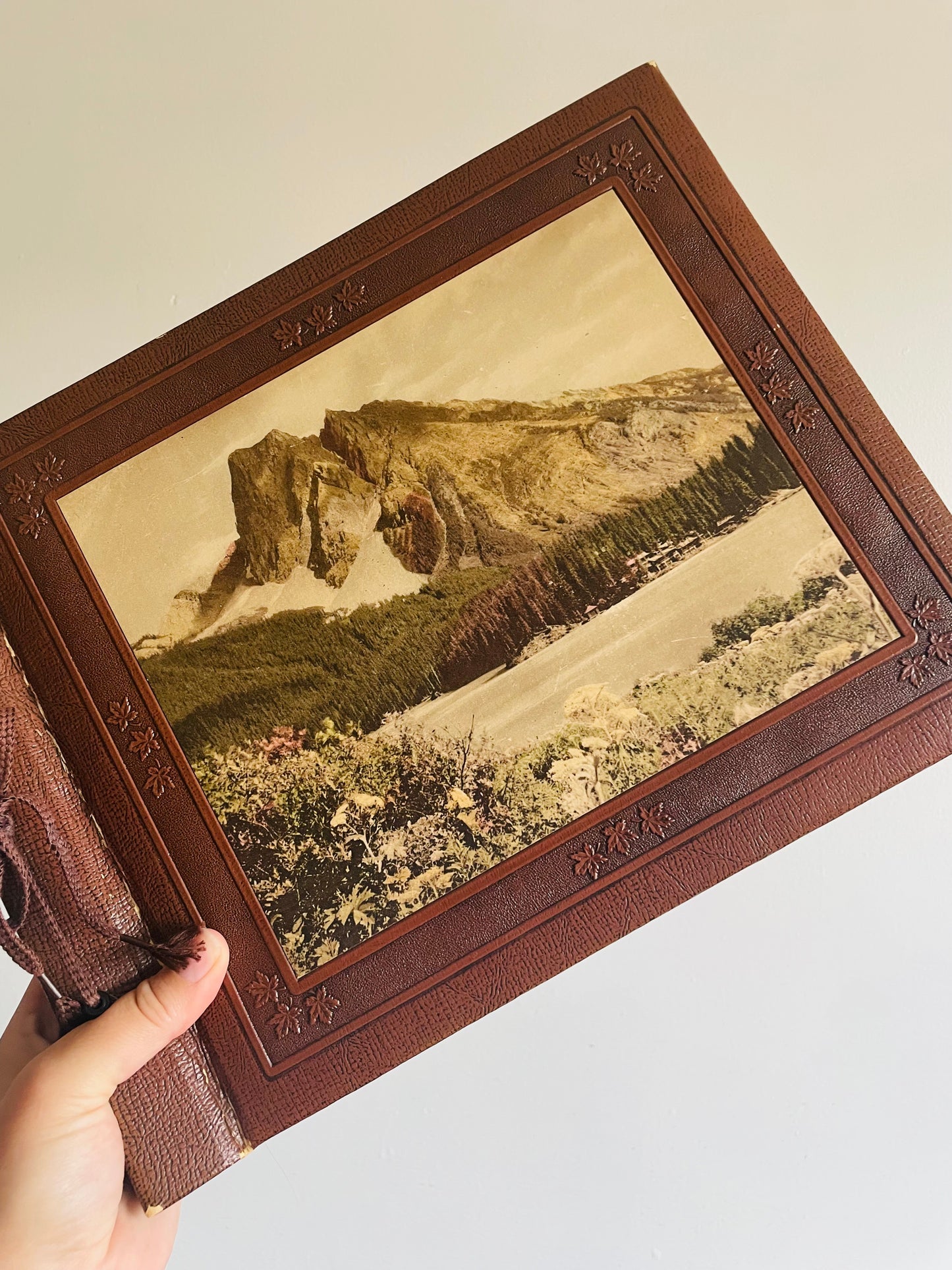 Antique Photo Album or Scrapbook - Brown with Embossed Maple Leaves & Landscape Photo of Mountain with Cabins - Black Pages - Empty