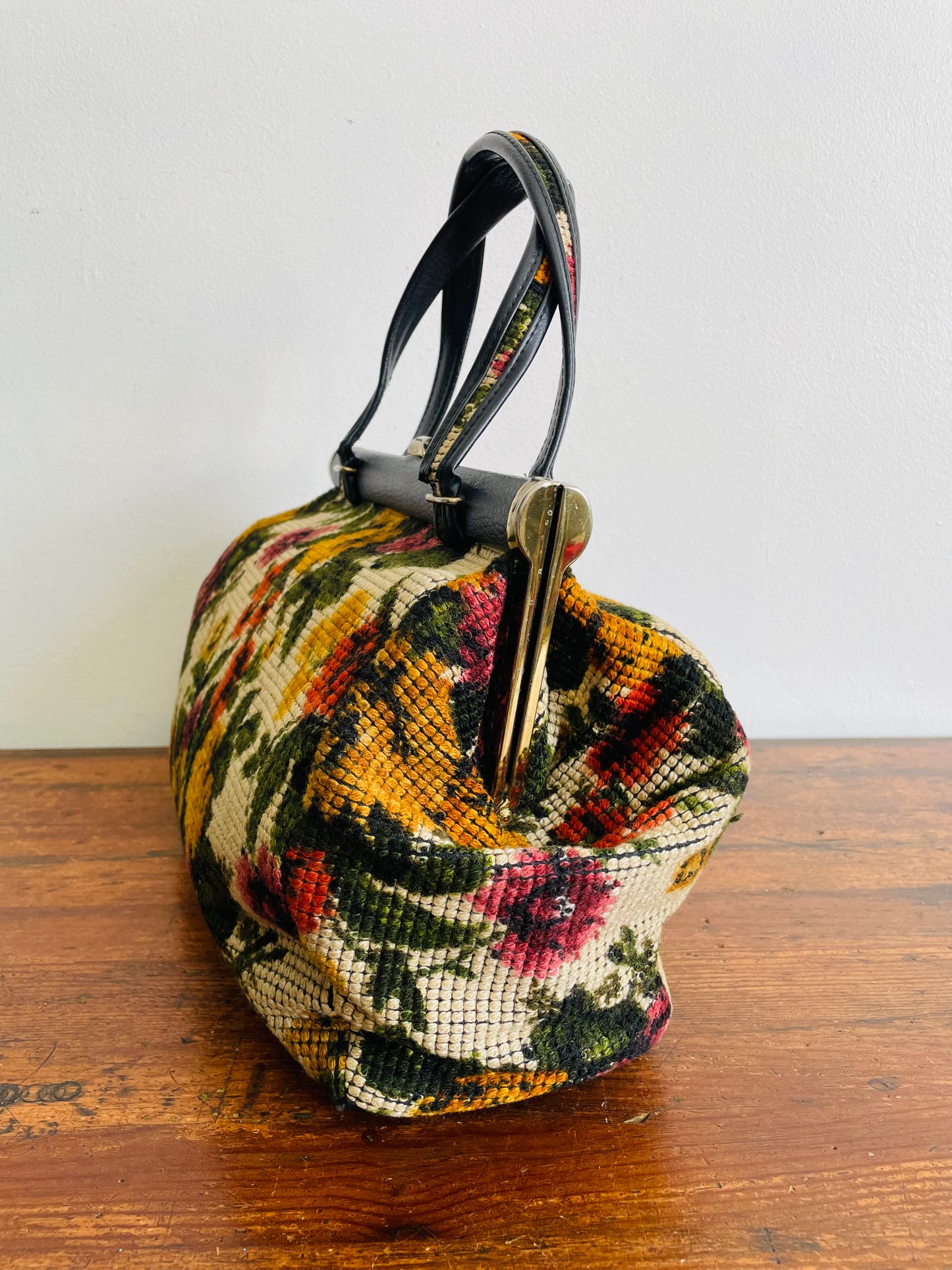 JR USA Floral Carpet Tapestry Bag Purse with Black & Brass Details