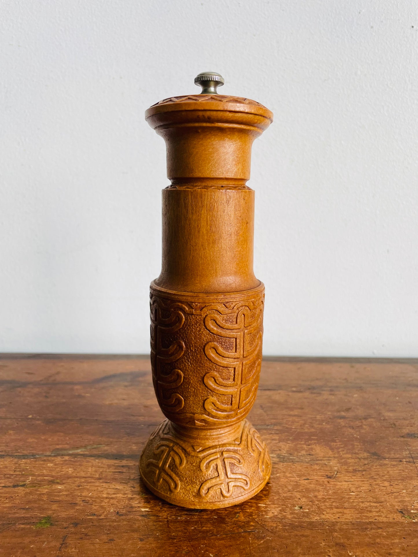 Vintage Carved Wood Pepper Mill Grinder with Interesting Design - Made in Italy