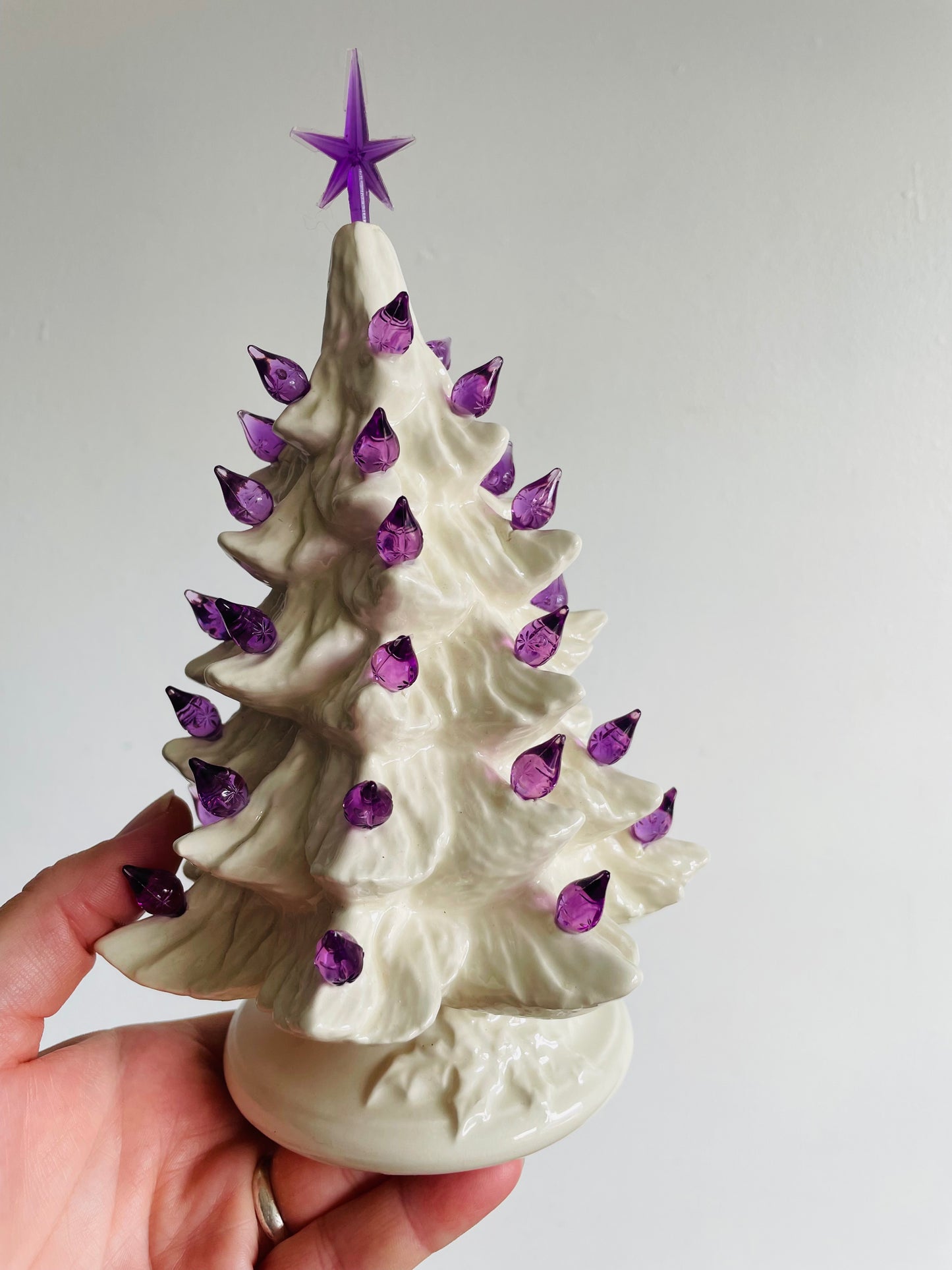 Miniature White Ceramic Light Up Christmas Tree with Purple Bulbs & Star (2005)