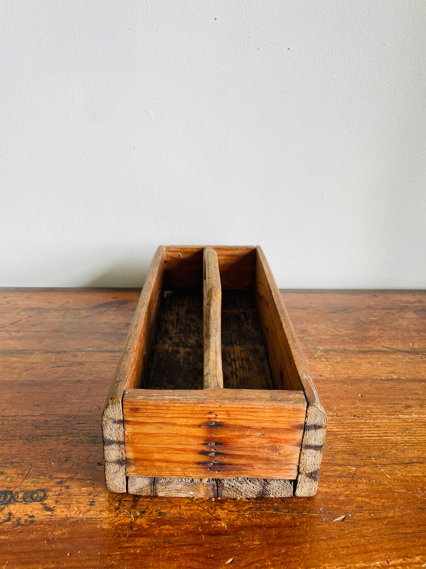 Vintage Divided Wood Caddy Crate Tray Box with Handle & Rustic Patina - As-Is