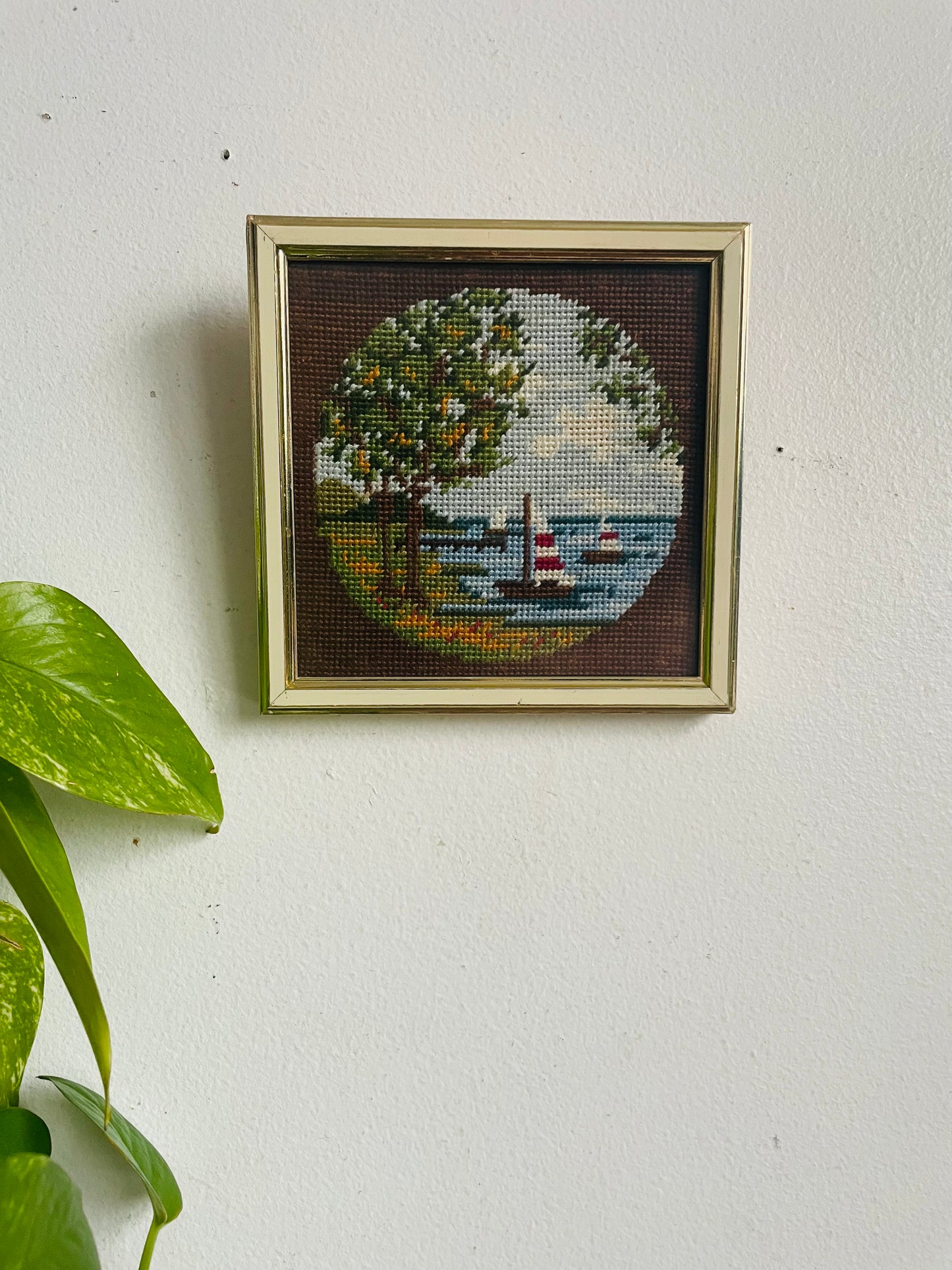 Vintage Mini Needlepoint Embroidery Picture in Square Frame - Summer Season - Red & White Sailboats in Lake