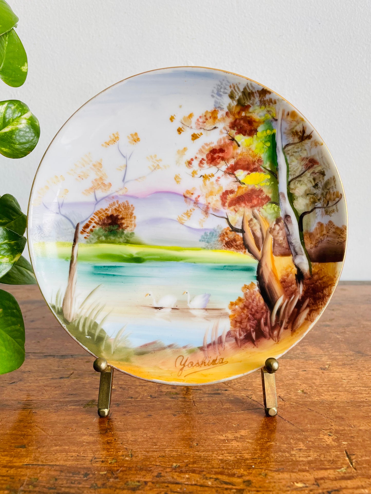 Vintage Hand Painted 6" Wall Hanging Plate with Beautiful Landscape Nature Scene - Swans on Lake, Mountains & Trees - Made in Japan - Signed Yoshida