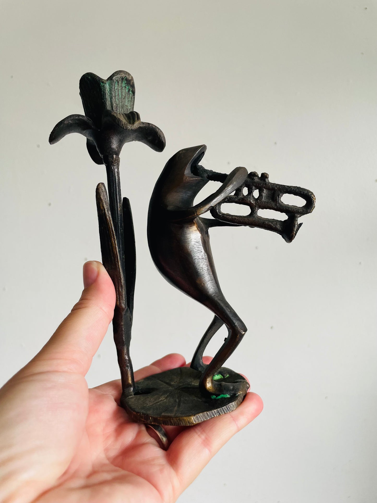 Vintage Solid Bronze Brass Trumpet Playing Frog Musician on Lily Pad with Flower Candle Holder