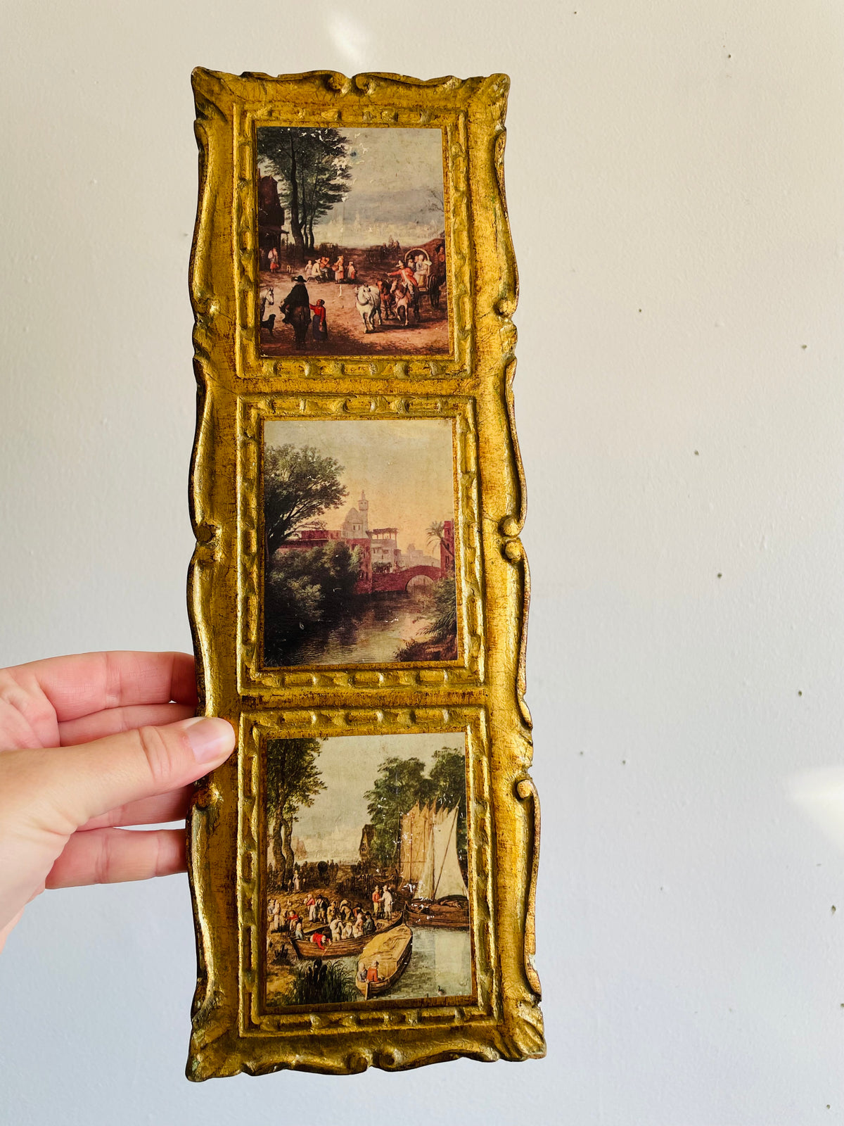 Vintage Italian Florentine Gold-Gilt Triple Landscape Wall Plaque Picture with European Art Print Scenes