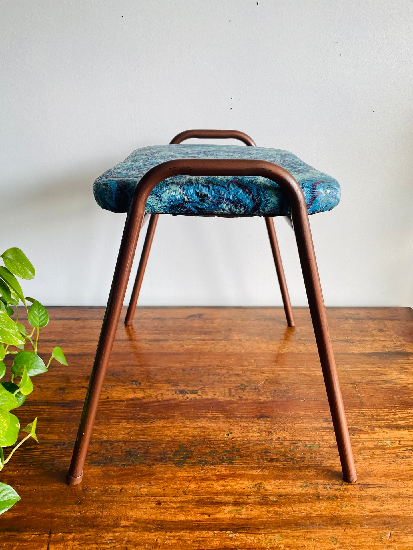 Vintage 1968 Perfect Chrome Furniture Co. Stackable Stool Chair with Vinyl Cushion - Blue Floral Pattern #1 - Made in Toronto