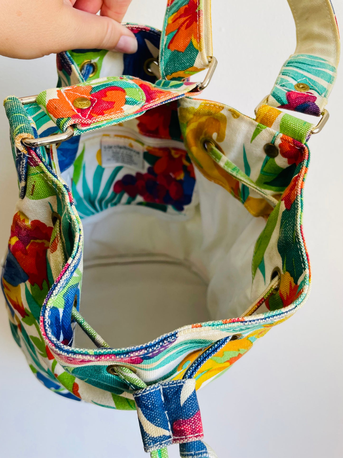 Tropical & Bright Liz Claiborne Accessories 100% Cotton Drawstring Bucket Pouch Purse with Multiple Compartments