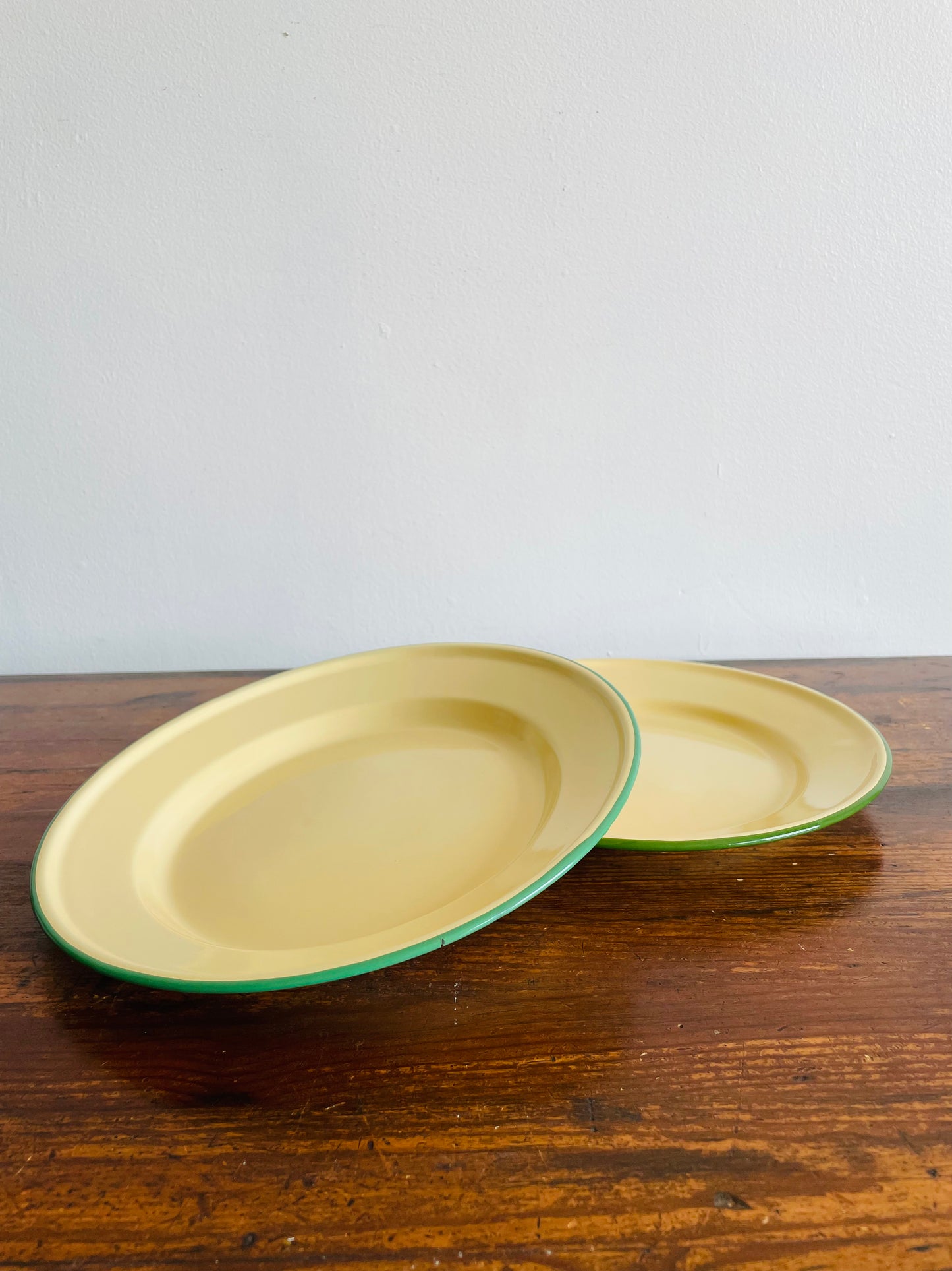 Vintage Goldfish & Peacock Brand Enamelware Plates - Pale Yellow with Green Rims - Set of 2