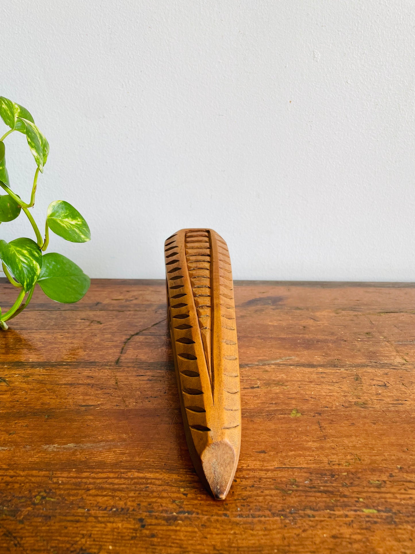 Vintage Hand Carved Wood Wall Pocket Vase with Flower & Stripe Design