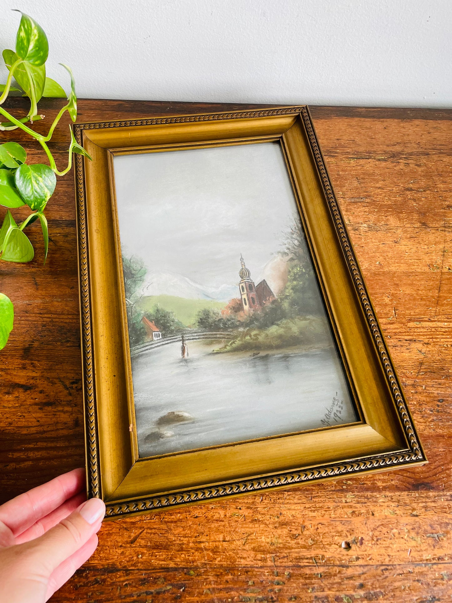 Antique 1922 Original Art Soft Pastel Painting Picture in Gold Frame of European Village Town Beside River & Bridge - Artist Signed
