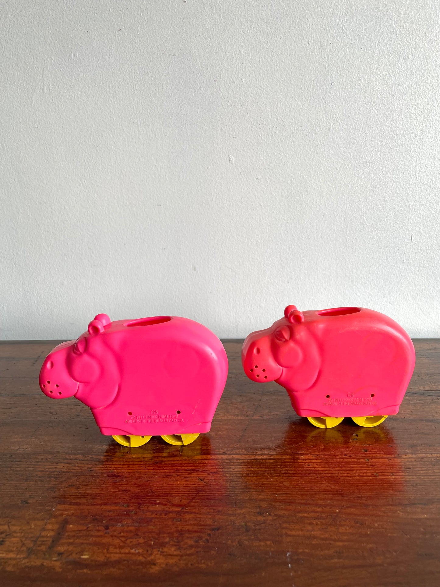 1977 Fisher Price Bright Pink Henry Hippo on Wheels #625 - Set of 2 Hippos