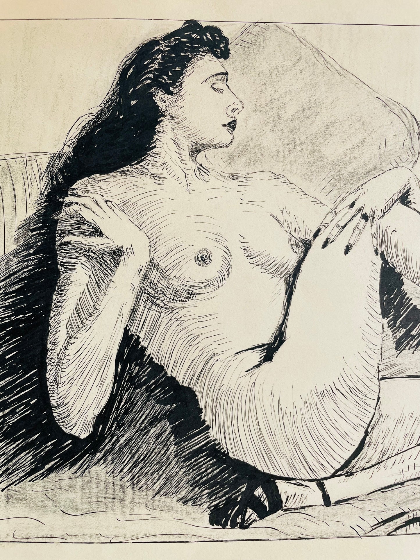 July 1955 Original Art Academic Nude Portrait Study Sketch on Paper of Nude Woman with High Heels