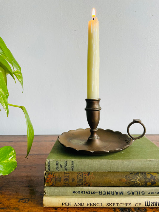 Antique Heavy & Solid Brass Chamberstick Candle Holder with Scalloped Edge