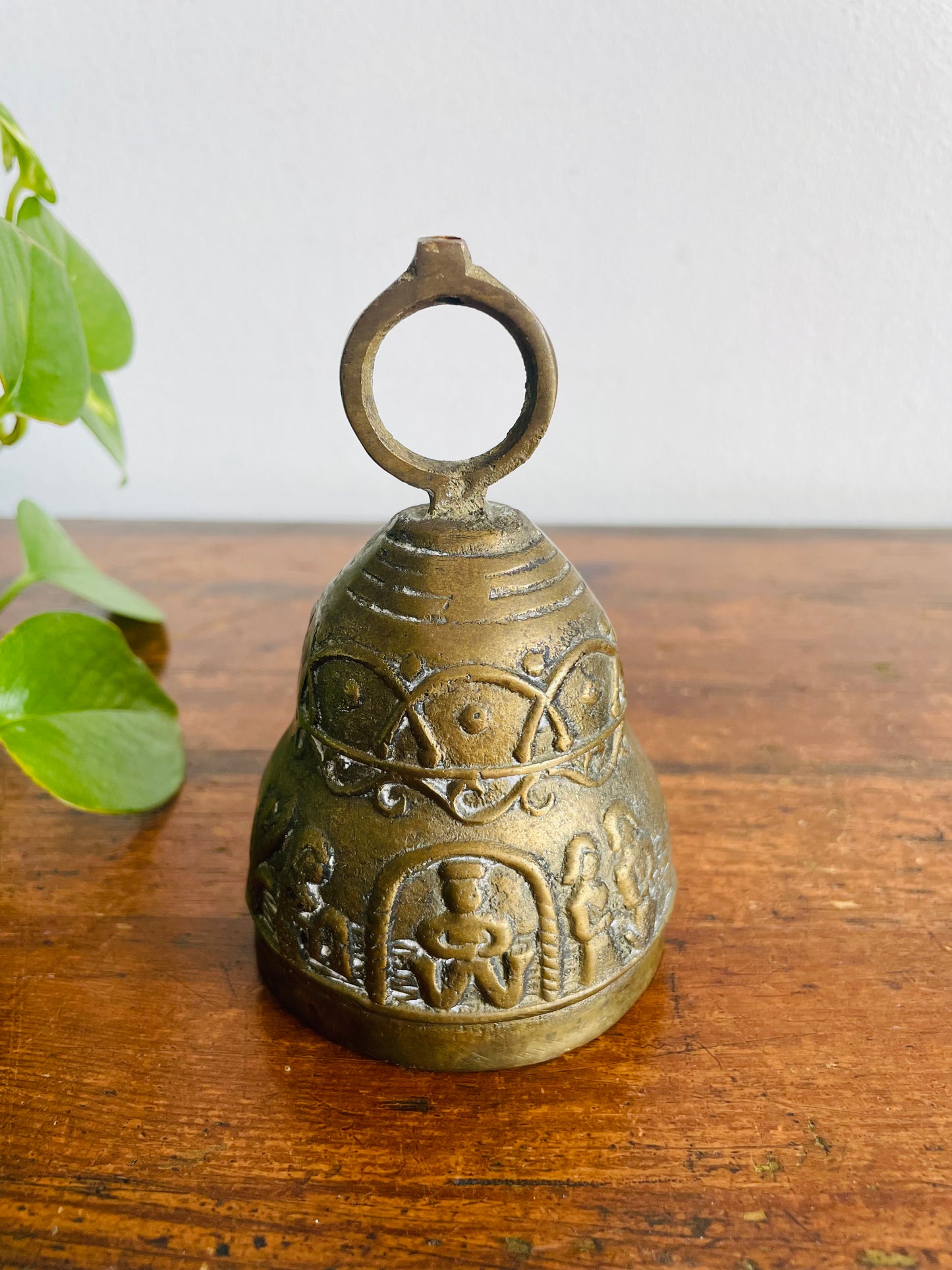 Vintage Heavy & Solid Brass Monastery Sanctuary Bell with Handle & Intricate Embossed Nativity Scene Design