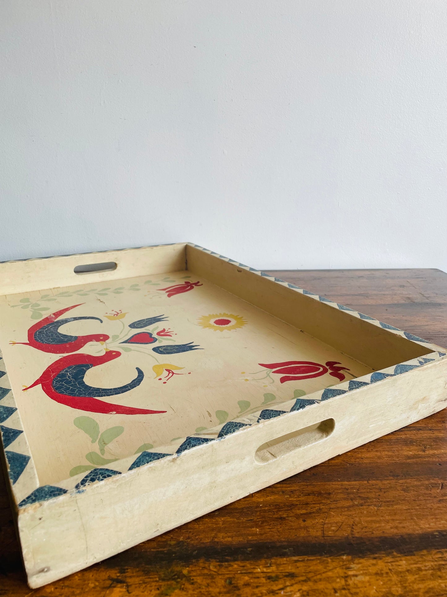 Hand Painted Wood Deep Serving Tray with Handles - Bird & Flower Folk Art Design