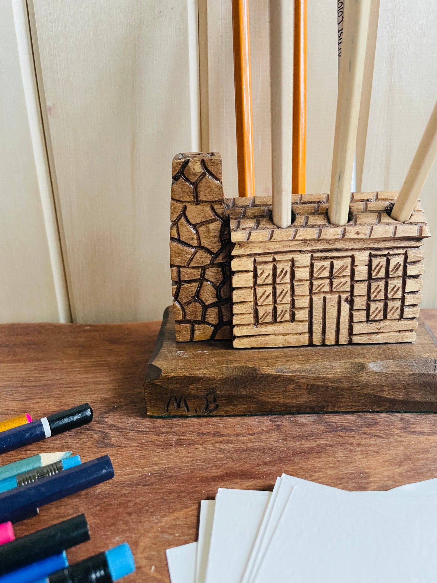 Handmade Carved Wood Log Cabin Pen or Pencil Holder