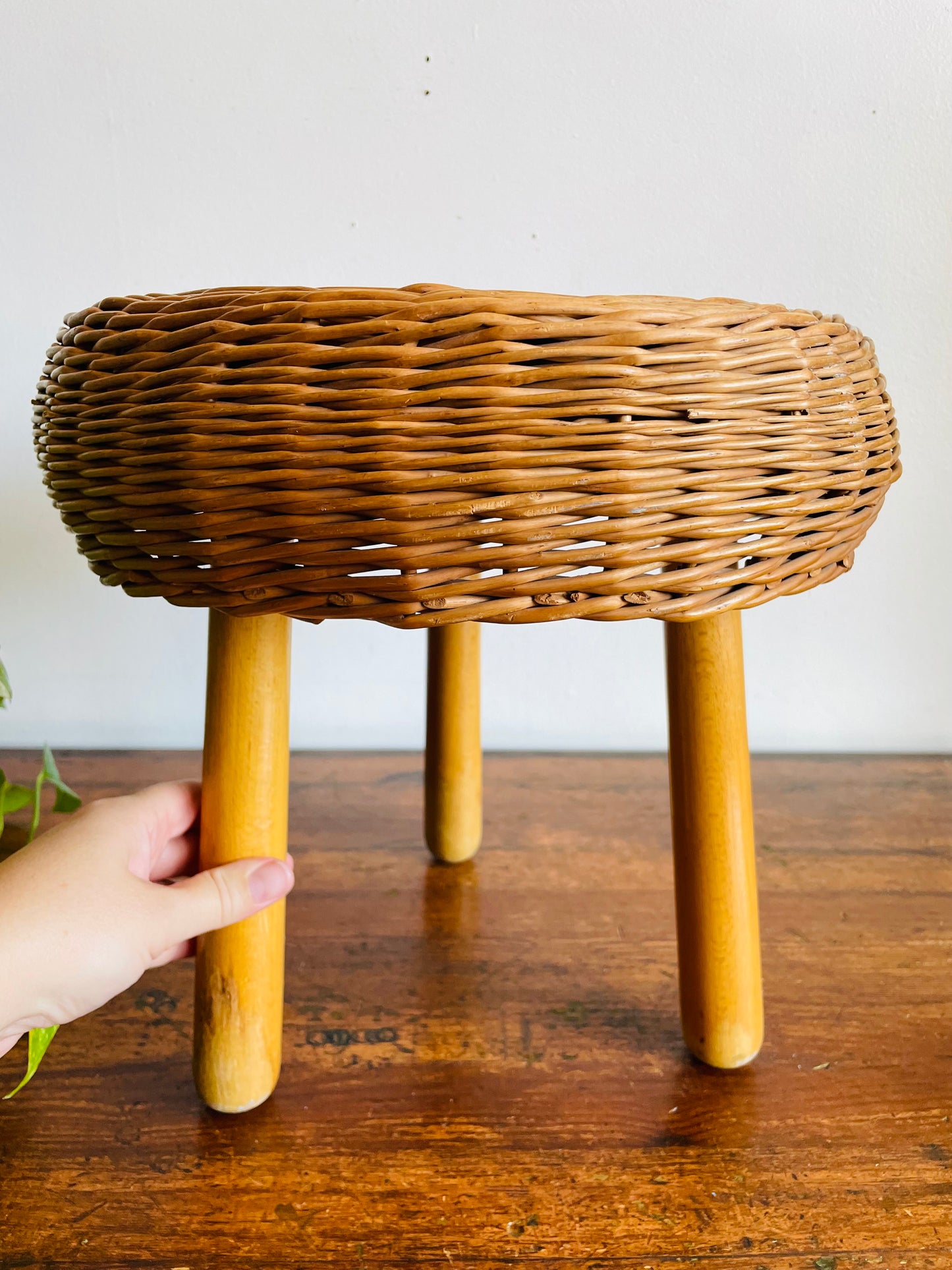 Vintage Mid-Century Modern Tony Paul Attributed Style Wood & Wicker Footrest Stool or Small Side Table with Tripod Spindle Legs