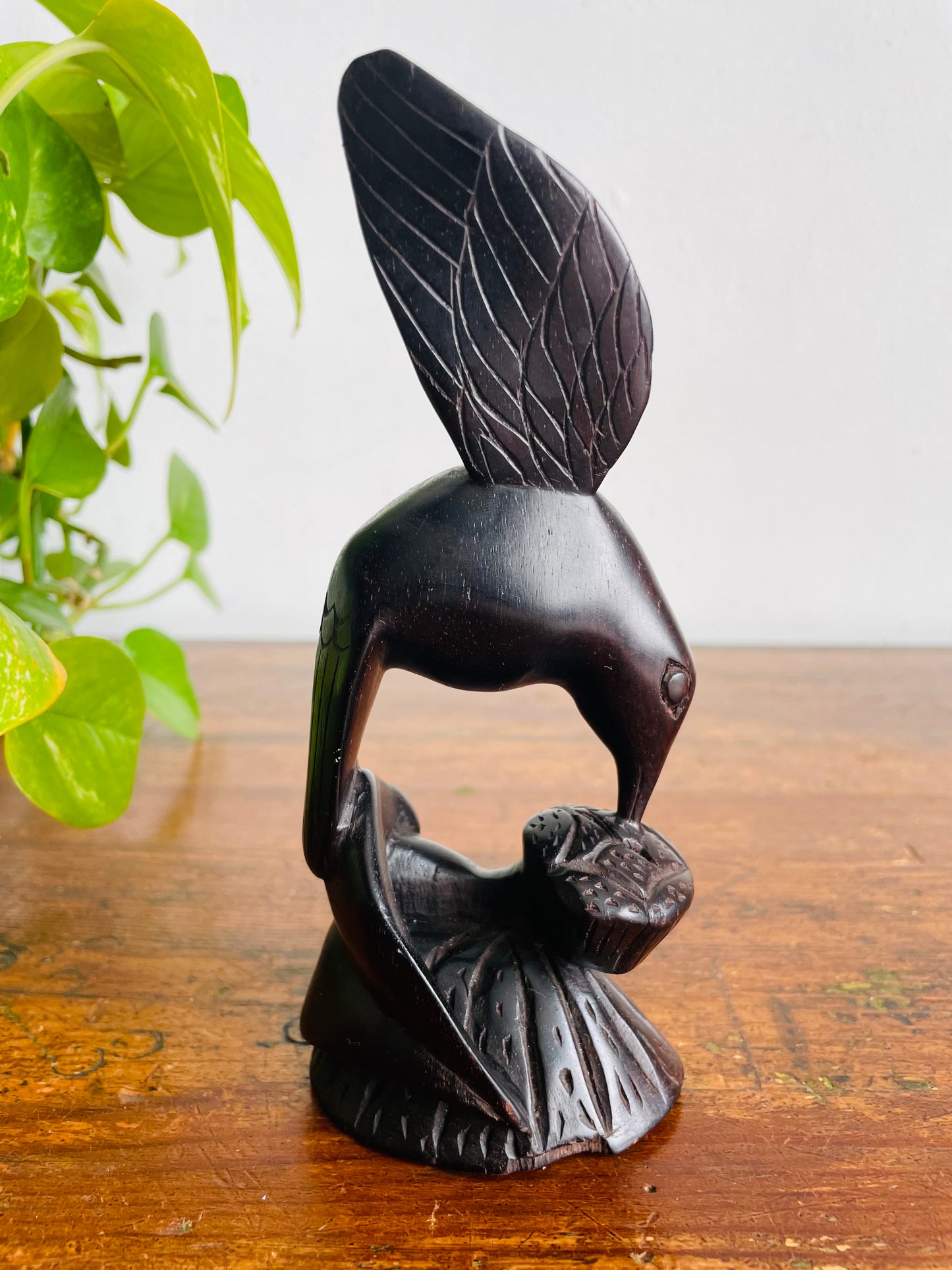 Vintage Hand Carved Dark Wood Hummingbird & Flower Sculpture