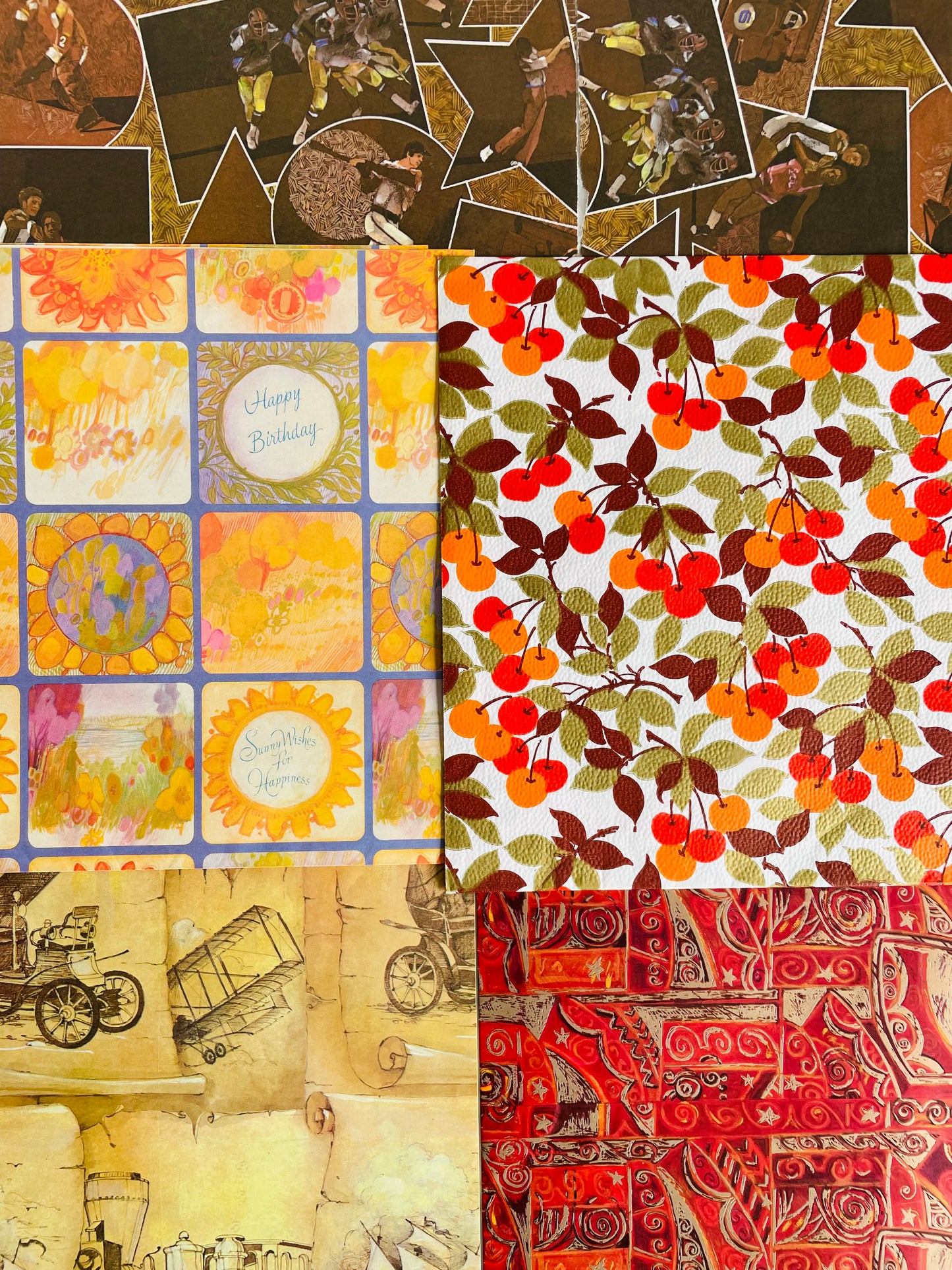 Vintage Wrapping Paper / Gift Wrap Bundle - Scrapbooking, Collage Art, DIY, Crafts, Etc. - Warm Colours Theme