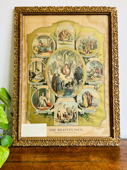 Antique 1800s The Beatitudes Chromolithograph with Bible Pictures Religious Print Picture by Martin Yauch (1882) - Found at Alberton Presbyterian Church - Once Owned by David Richardson from Ancaster, Ontario