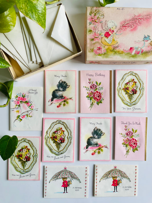 Vintage Box of Absolutely Adorable Unused Mini Cards - Thank You, Birthday, Shower, Wedding - Set of 10 with Envelopes