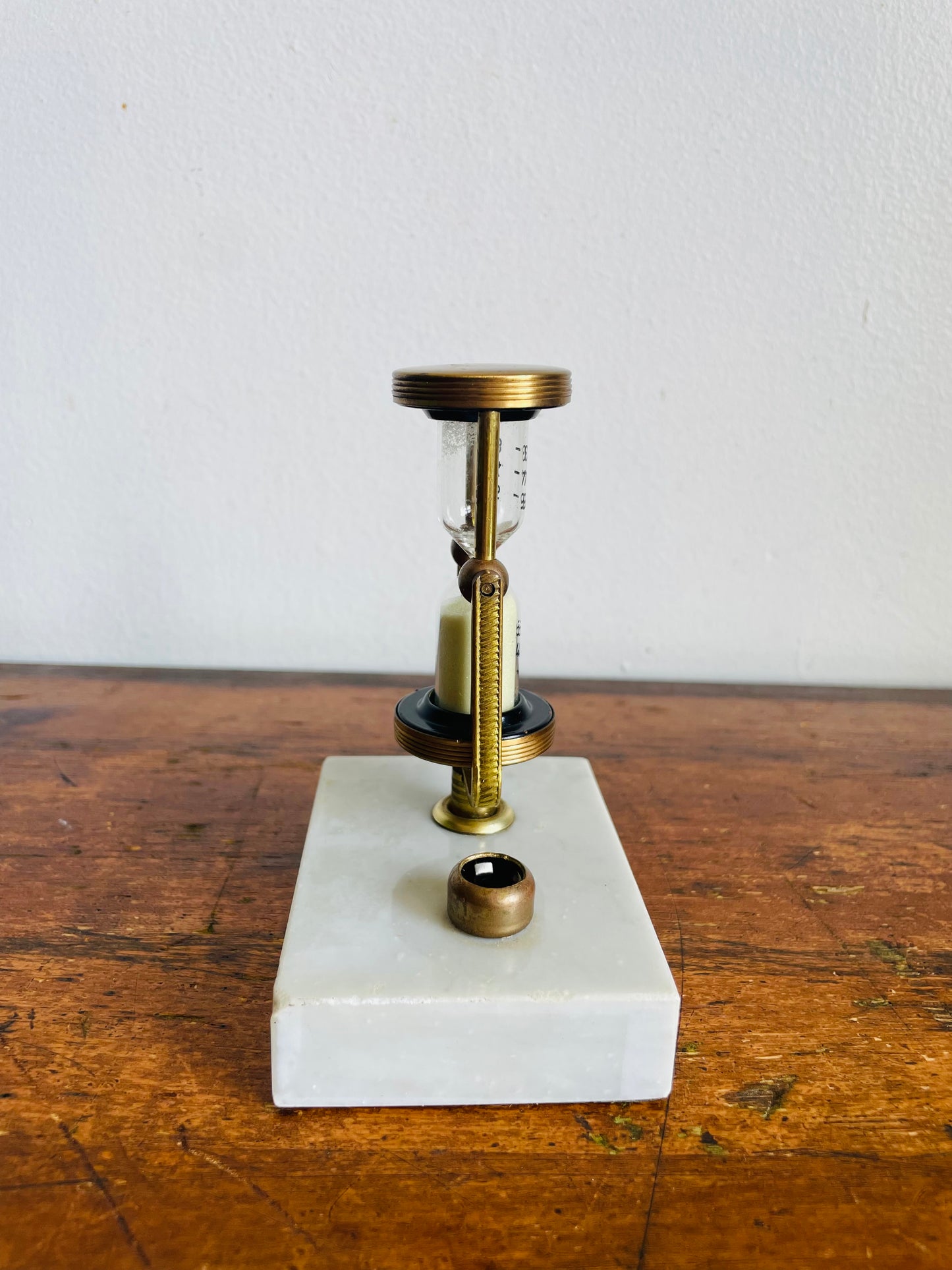 Vintage Brass & Glass Rotating Swinging Hourglass with White Sand on Marble Stone Base - Stylish & Useful!
