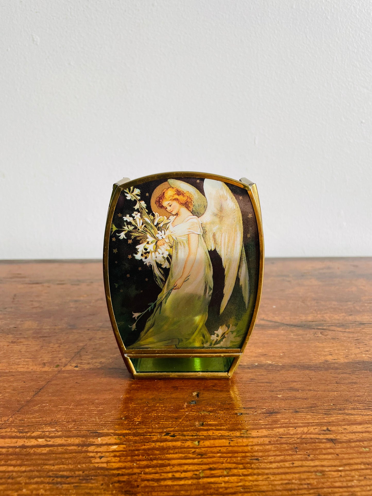 Enesco Brass & Stained Glass Tealight Candle Holder with Angel Holding Lily Flowers - Made in Mexico