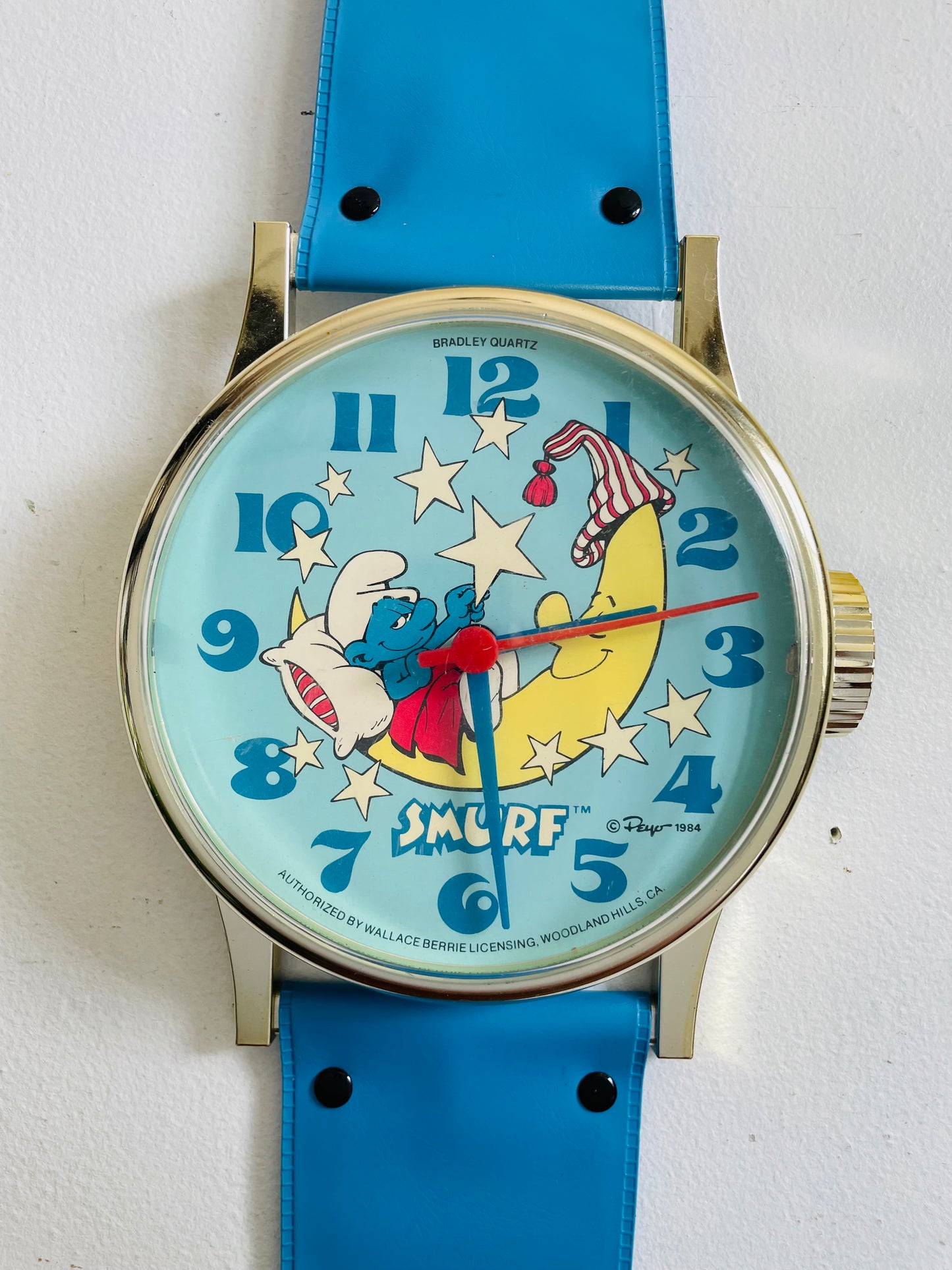 Vintage 1984 Bedtime Smurf on the Moon Giant Watch Wall Clock - Bradley Time Division - Requires 1 AA Battery (Not Included) - Tested / Works!