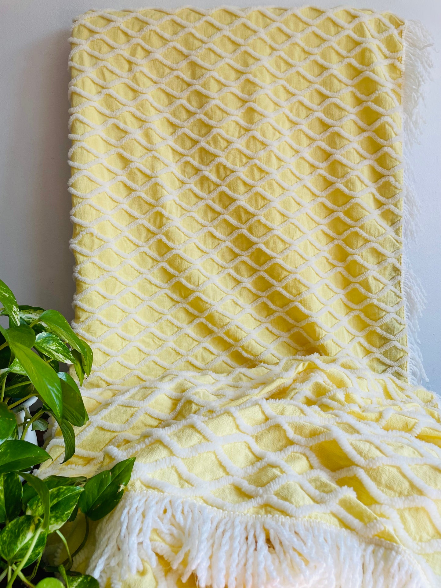 Yellow & White Chenille Bedspread Blanket with Fringe - Made in Canada