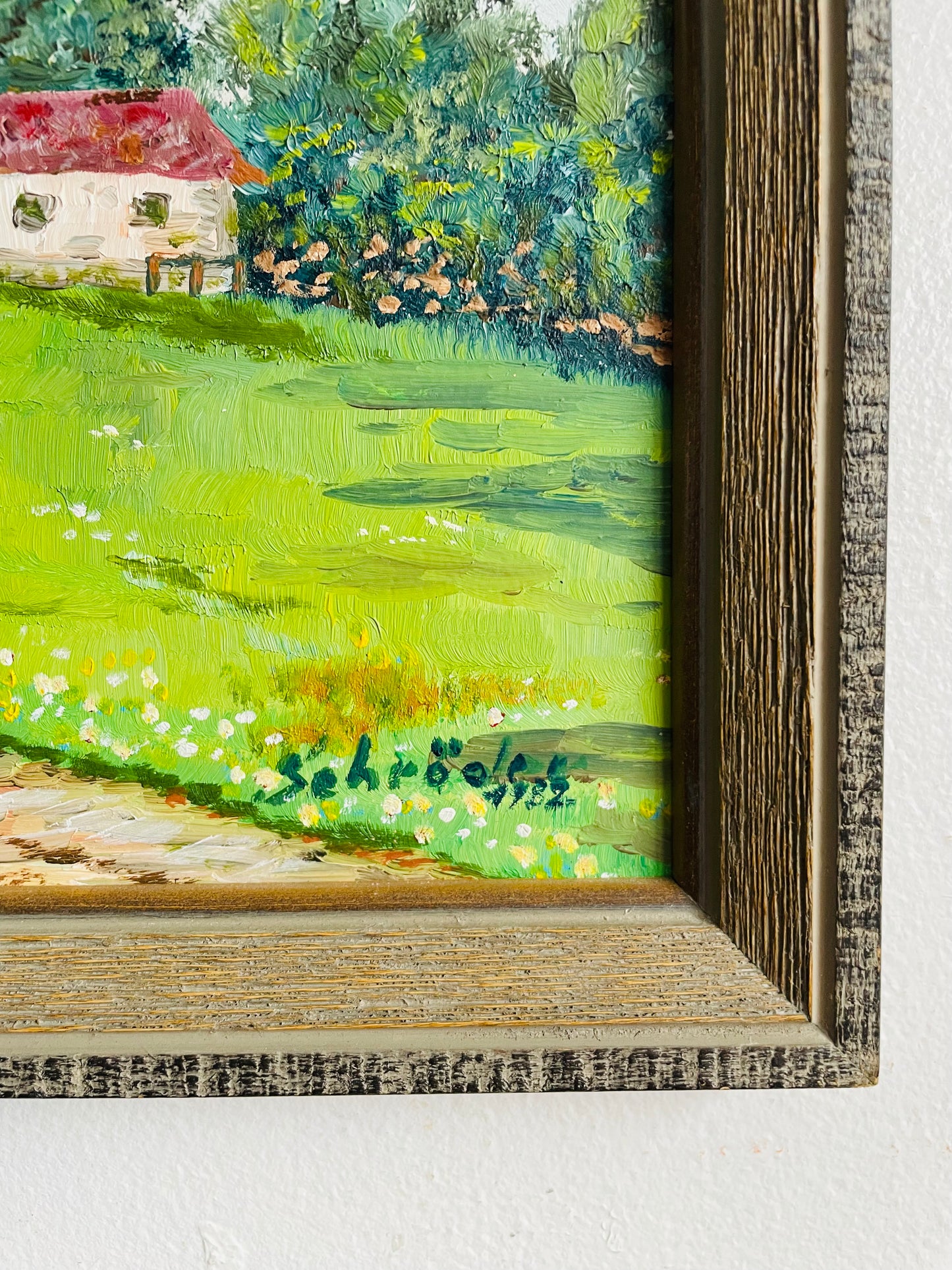 Vintage 1982 Original Art Painting of Dutch Countryside Scene - Green Grass Meadow & Windmill Cottage - Artist Signed