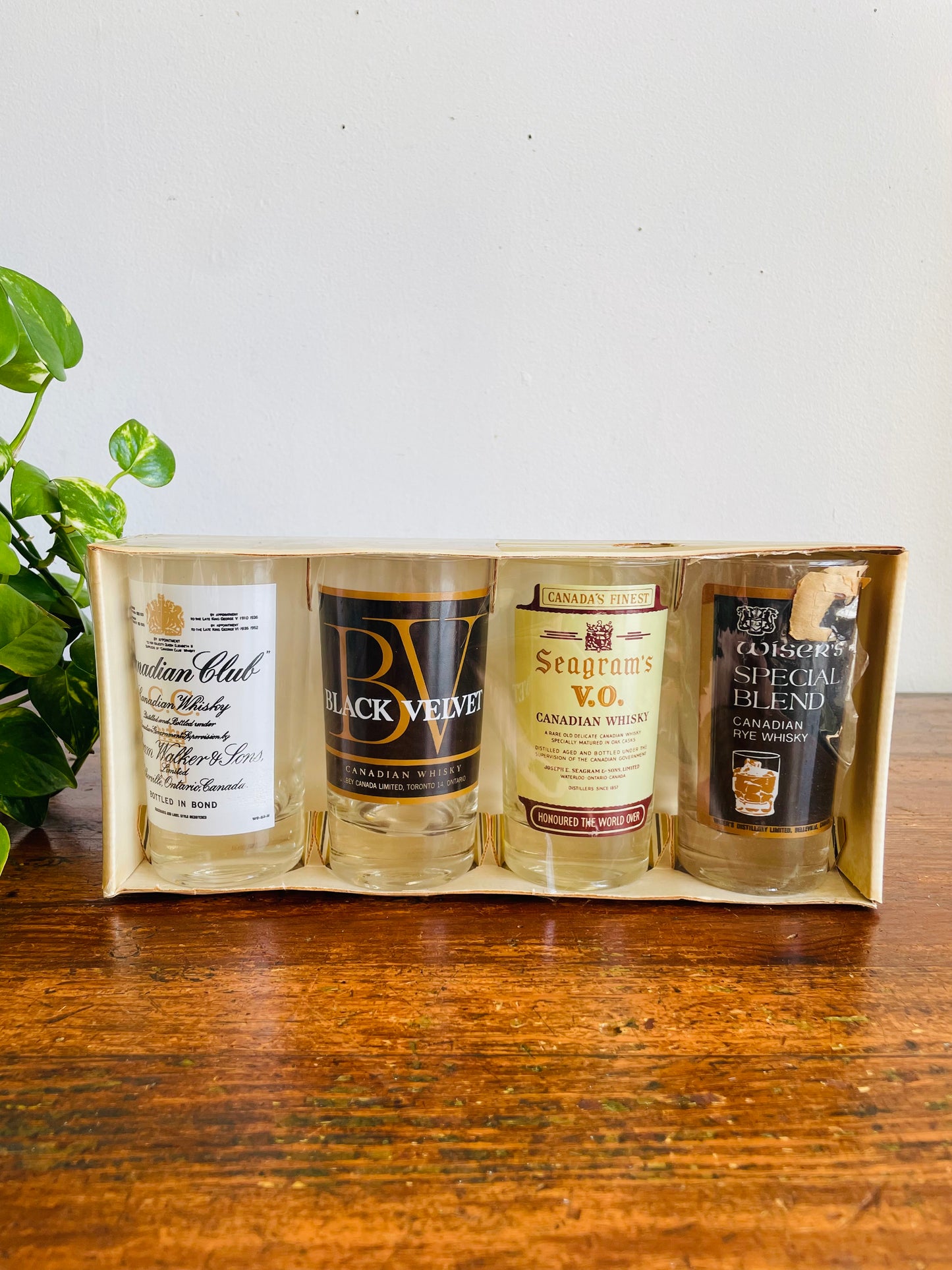 Vintage New Old Stock Canadian Whisky Drinking Glasses - Canadian Club, Black Velvet, Seagram's V.O. & Wiser's - Set of 4 in Original Box - Made in Canada