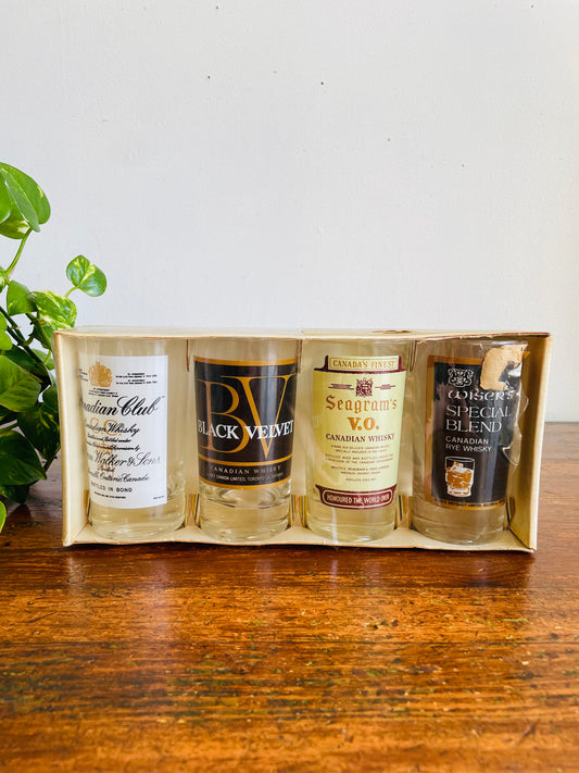 Vintage New Old Stock Canadian Whisky Drinking Glasses - Canadian Club, Black Velvet, Seagram's V.O. & Wiser's - Set of 4 in Original Box - Made in Canada