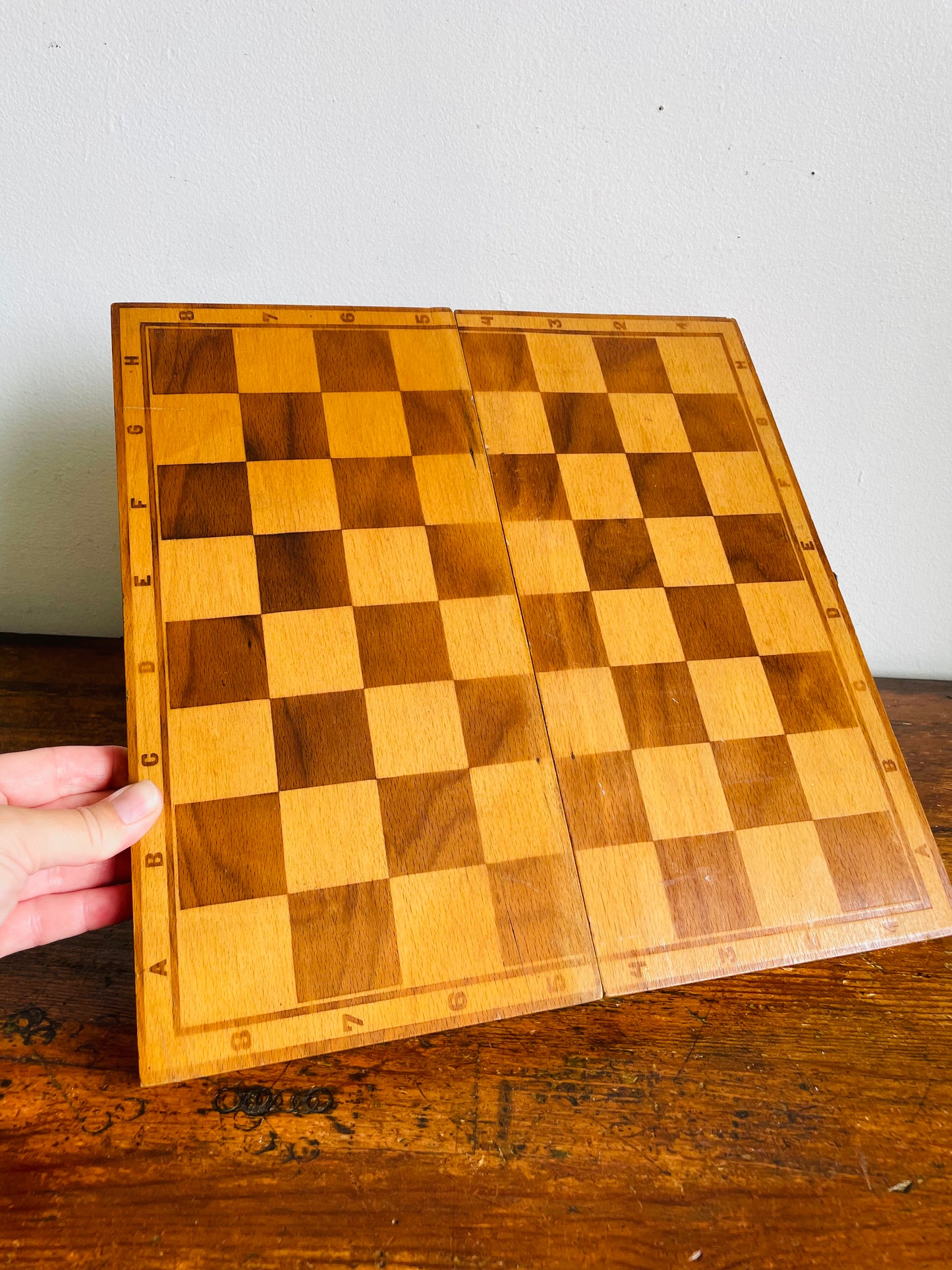 Vintage Hinged Folding Wood Chess Board Travel Case with Felt-Bottomed Wood Playing Pieces - Made in Poland