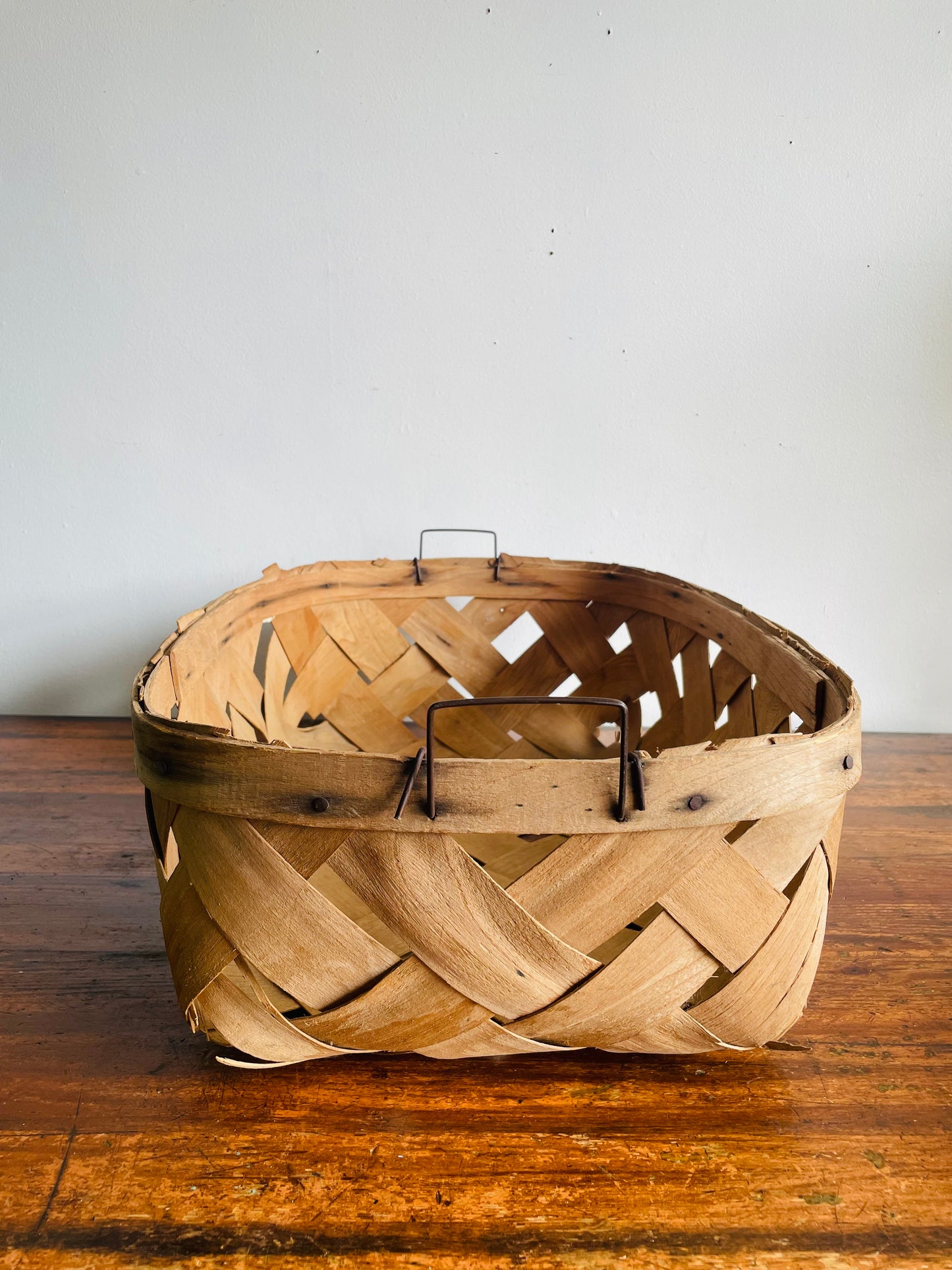 Vintage Oval Woven Wood Wide Slat Basket with Metal Handles - Great Storage & Can Hang Too!