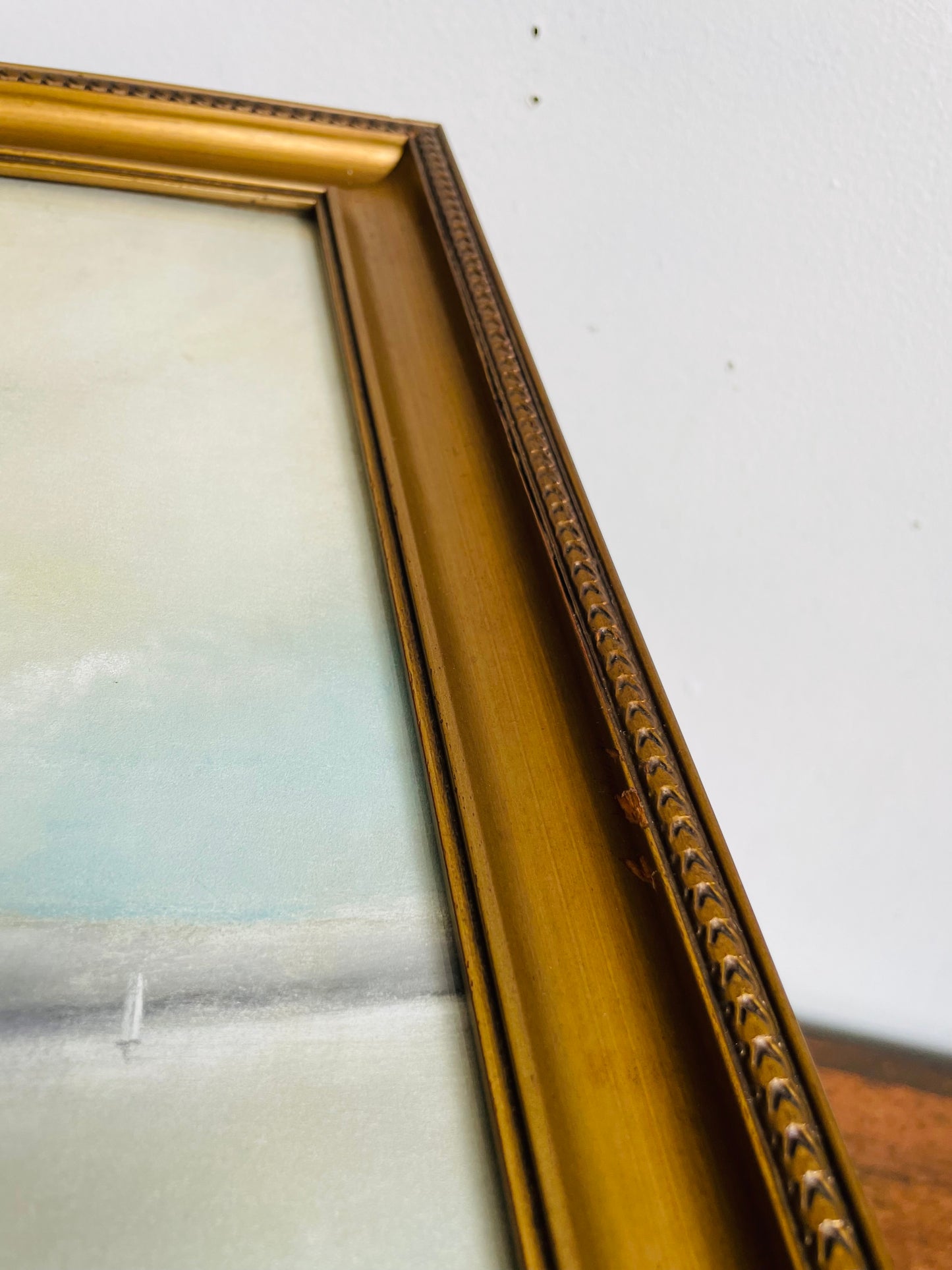 Antique 1922 Original Art Soft Pastel Painting Picture in Gold Frame of Sailboat on Autumn Lake With Mountains - Artist Signed