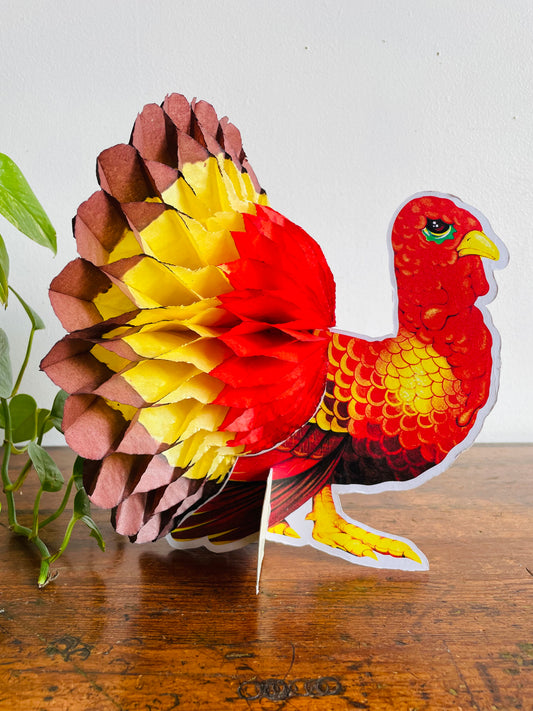 Vintage Cardboard & Tissue Paper Standing Turkey Honeycomb Decoration - Thanksgiving & Autumn Decor