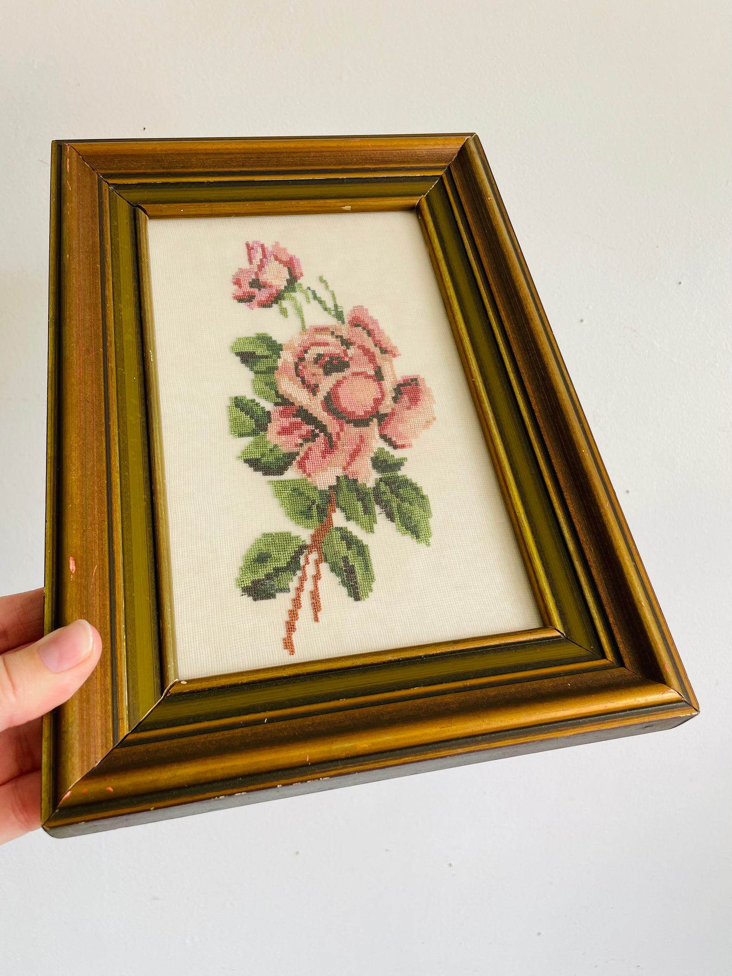 Vintage Pink Rose Flower Petit Point Needlepoint Embroidery Picture