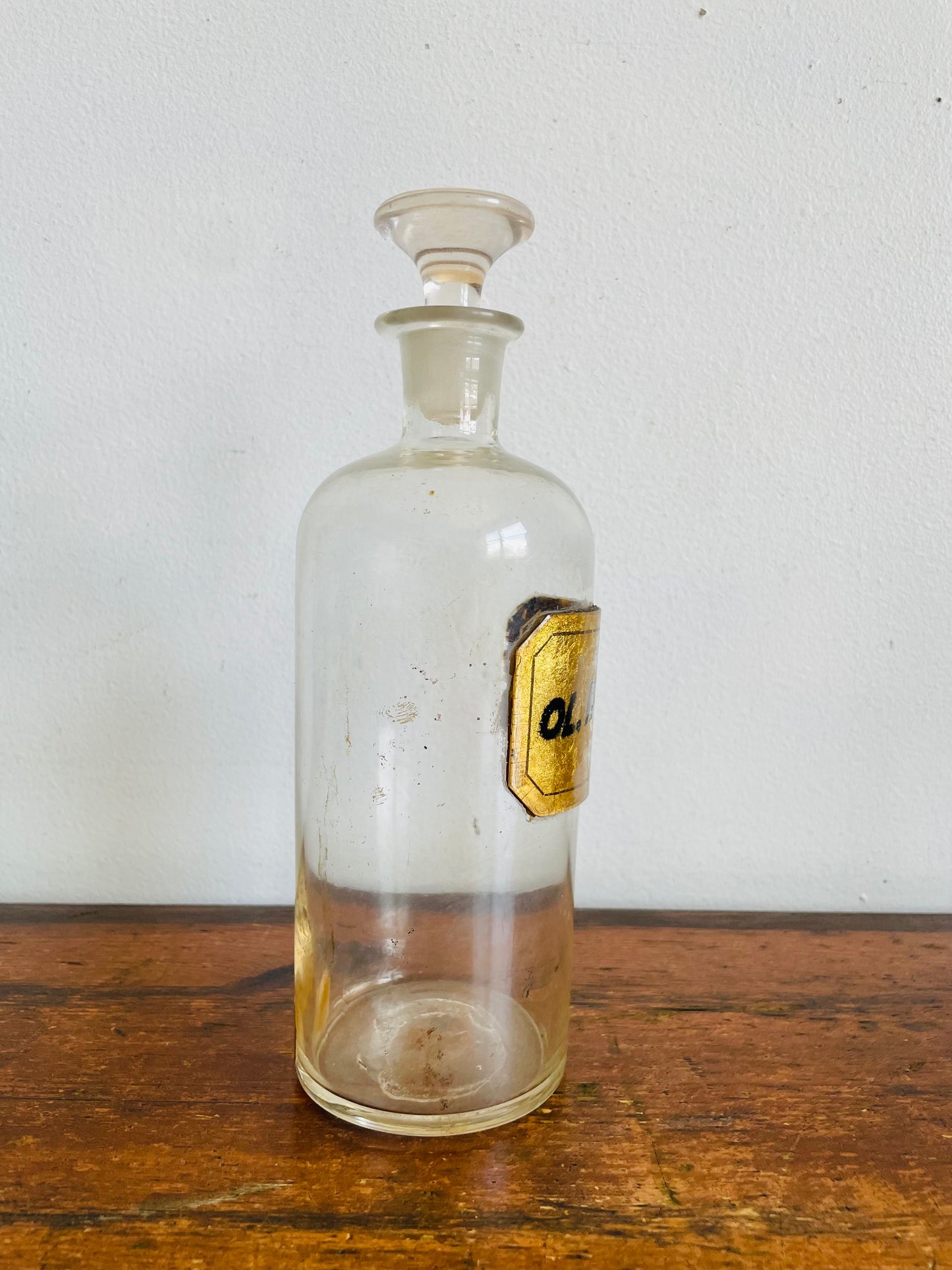 Antique Pharmacy Apothecary Hand Blown Clear Glass Bottle with Lid & Gold Label - Ol. Hedeom