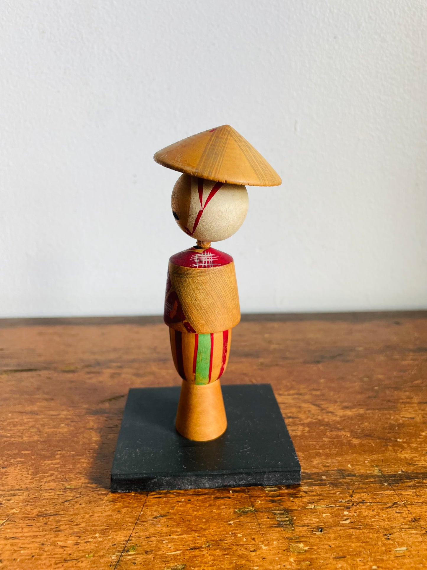 Vintage 5" Tall Japanese Wooden Kokeshi Bobblehead Doll with Maroon Dress & Hat on Base