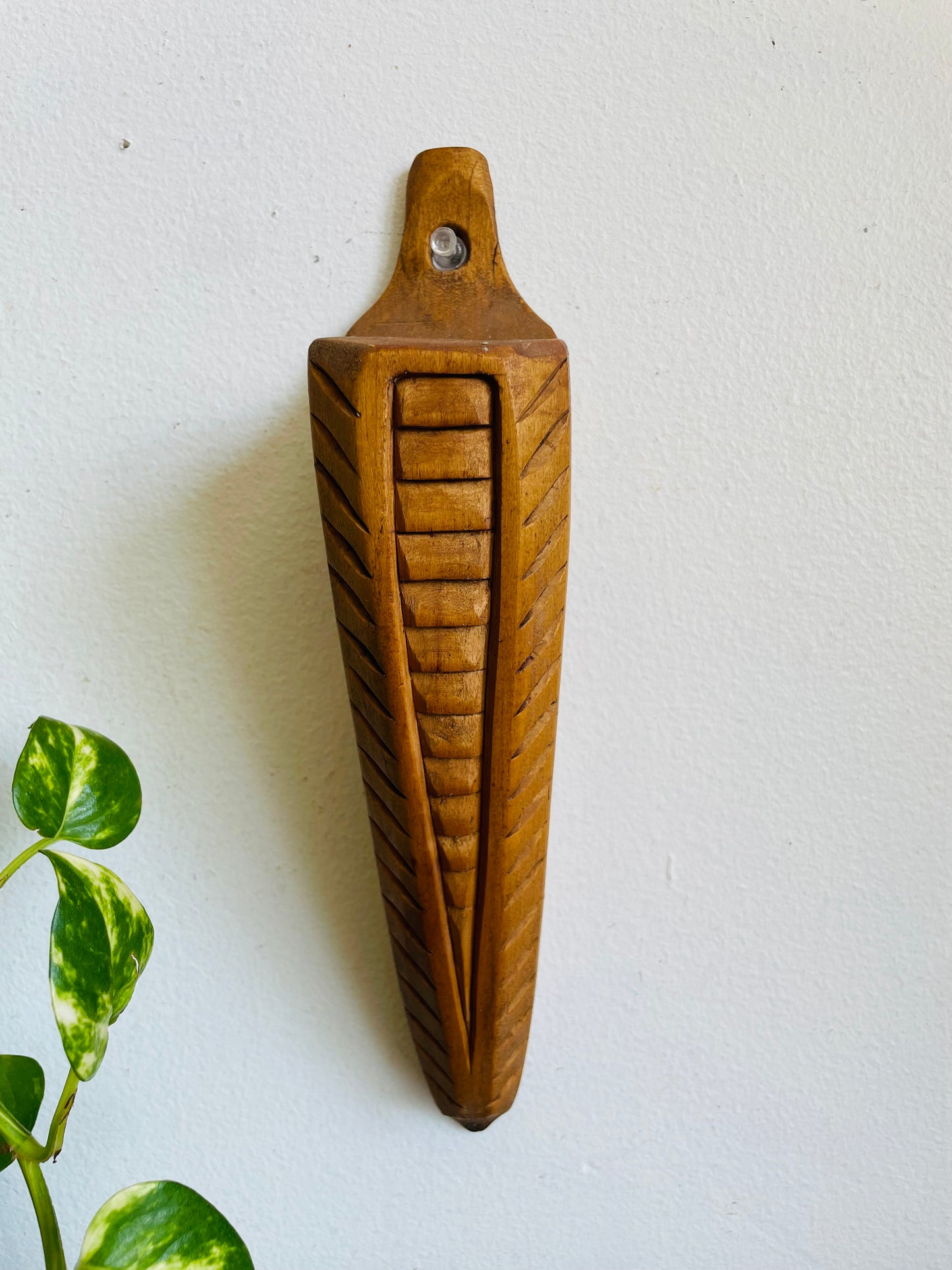 Vintage Hand Carved Wood Wall Pocket Vase with Flower & Stripe Design